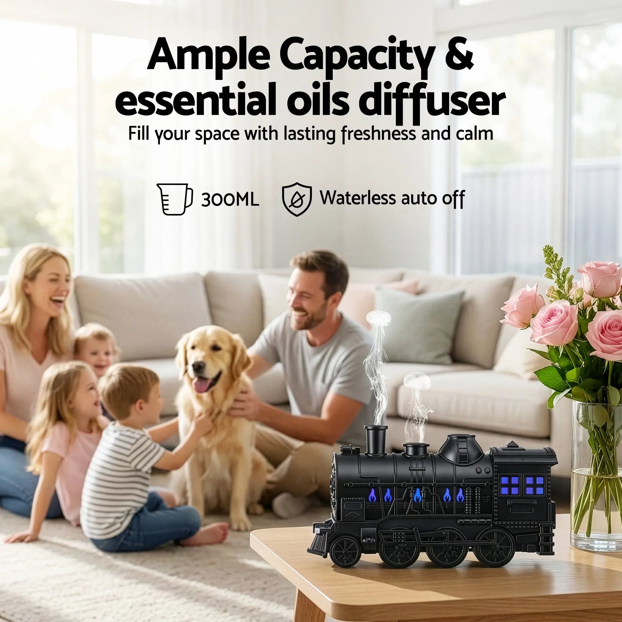 Devanti Train Aroma Diffuser Essential Oil Humidifier 300ml Smoke Ring LED Timer Wholesale Hub