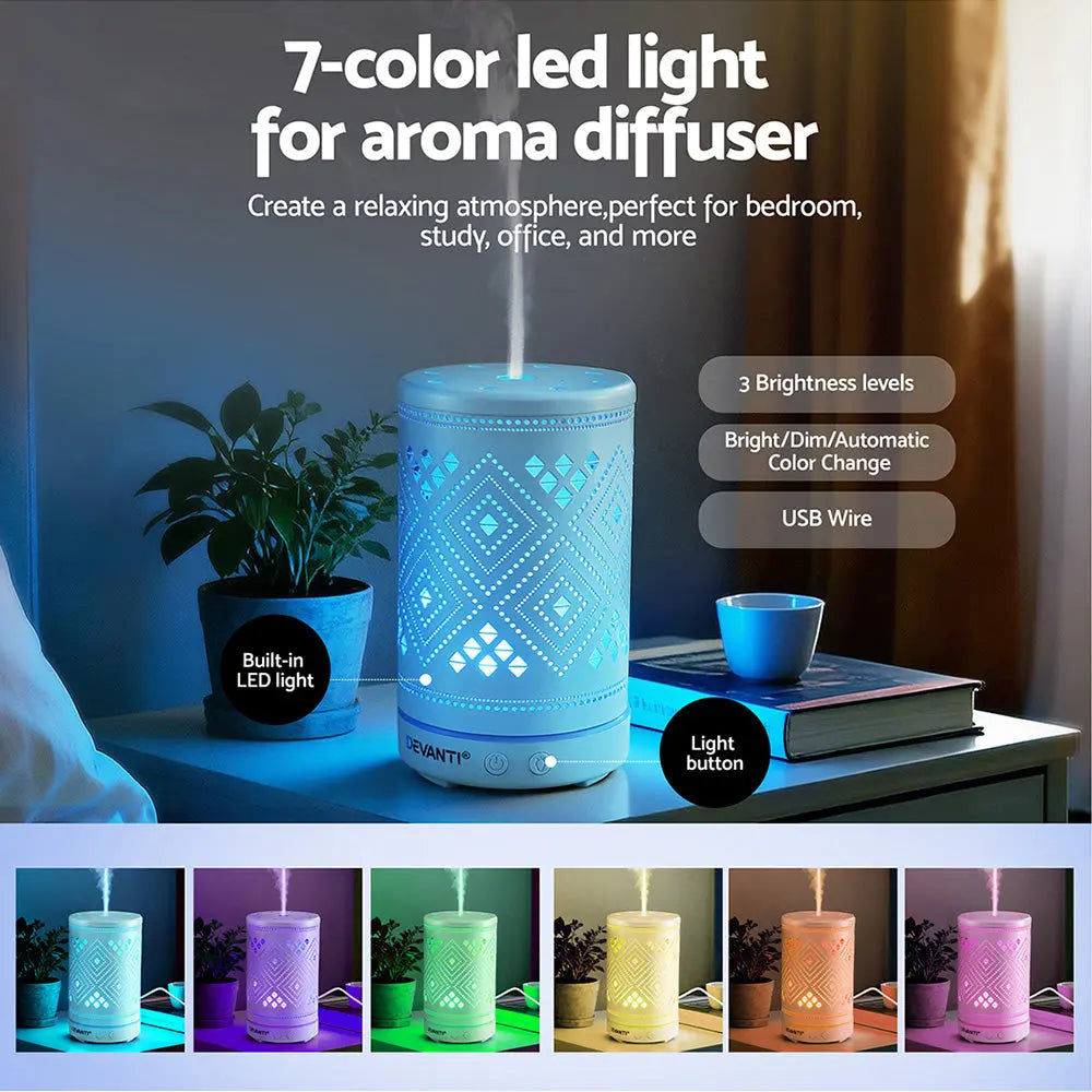 Devanti Ultrasonic Aroma Diffuser Aromatherapy 100ml LED Lights Iron Humidifier Forest Wholesale Hub