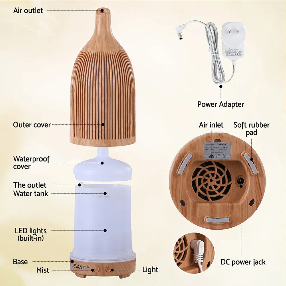 Devanti Ultrasonic Aroma Diffuser Aromatherapy 200ml LED Lights Iron Humidifier Forest Light wood grain Wholesale Hub