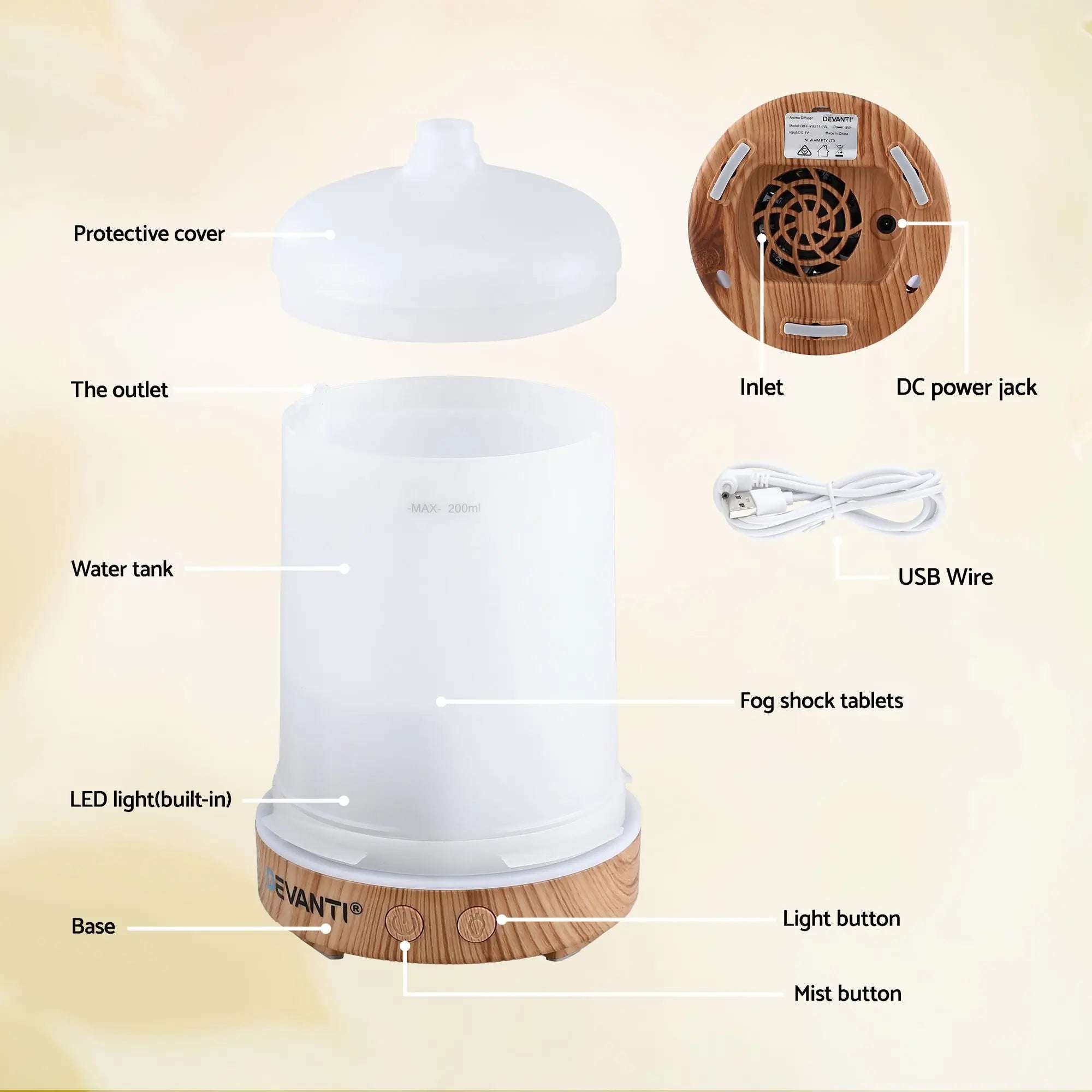 Devanti Ultrasonic Aroma Diffuser Aromatherapy 200ml LED Lights Iron Humidifier Forest Wholesale Hub