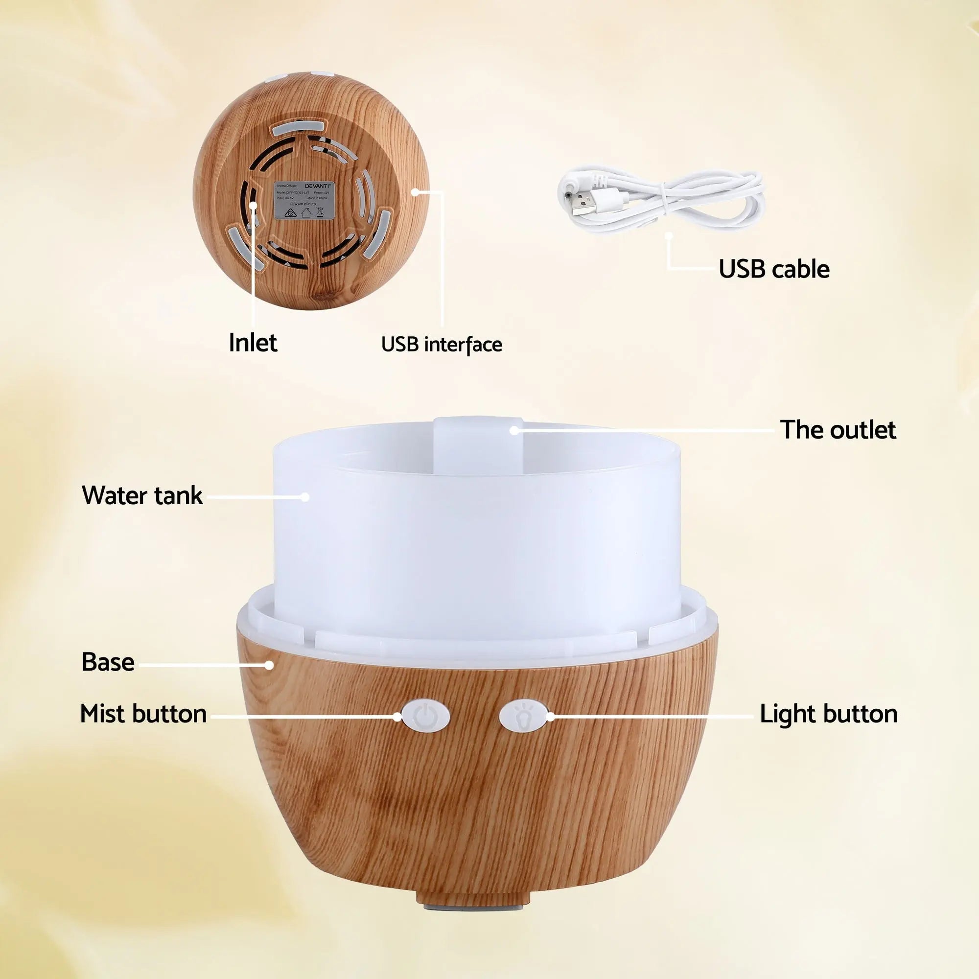 Devanti Ultrasonic Aroma Diffuser Aromatherapy 130ml LED Lights Iron Humidifier Forest Wholesale Hub