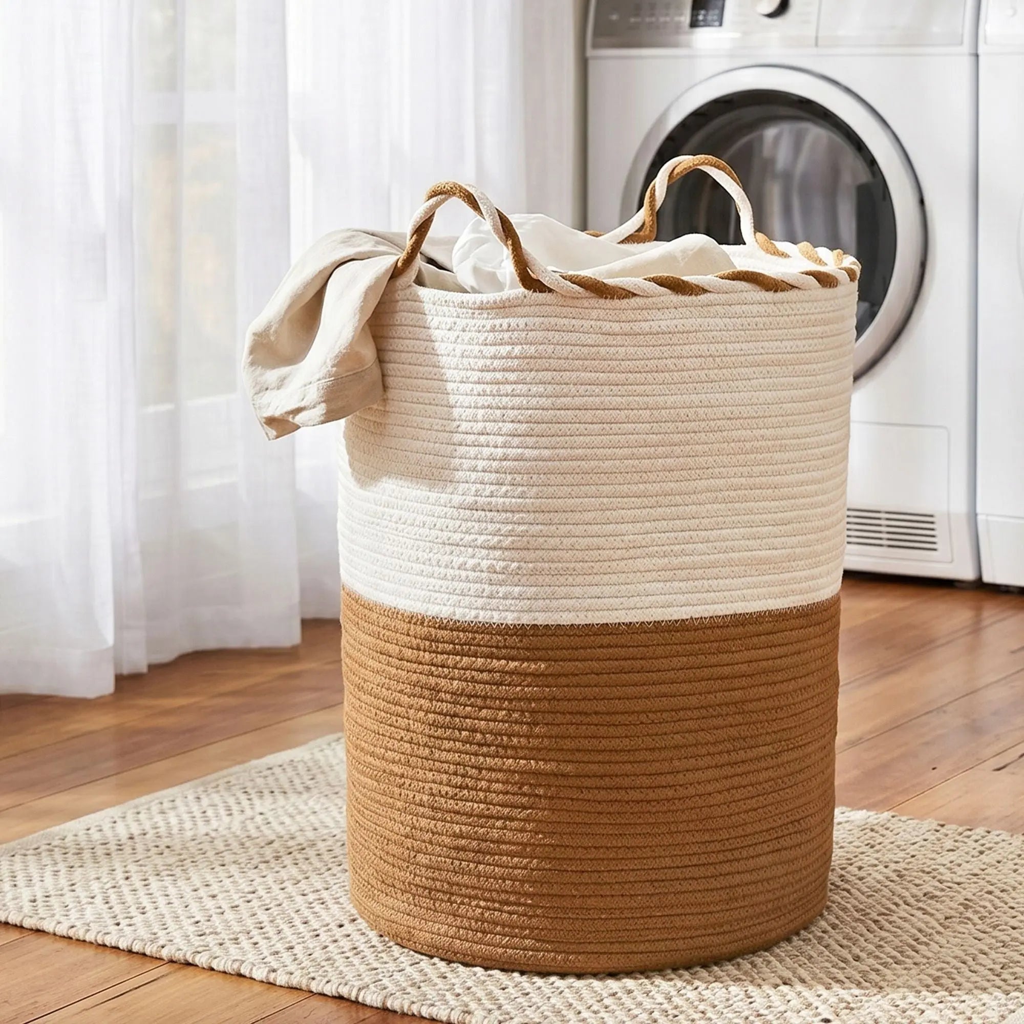 Artiss Woven Laundry Basket with handles Foldable White & Brown Wholesale Hub