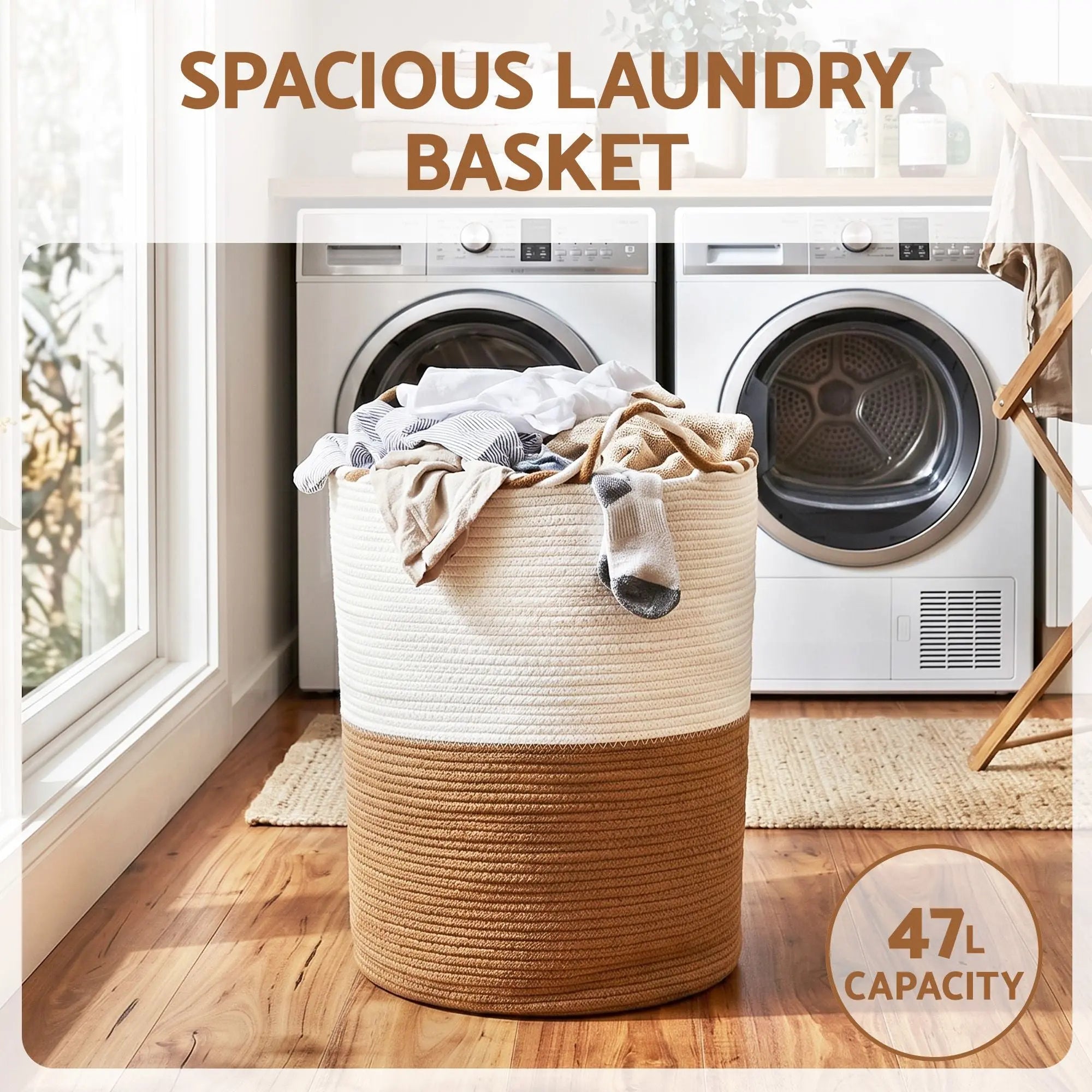 Artiss Woven Laundry Basket with handles Foldable White & Brown Wholesale Hub