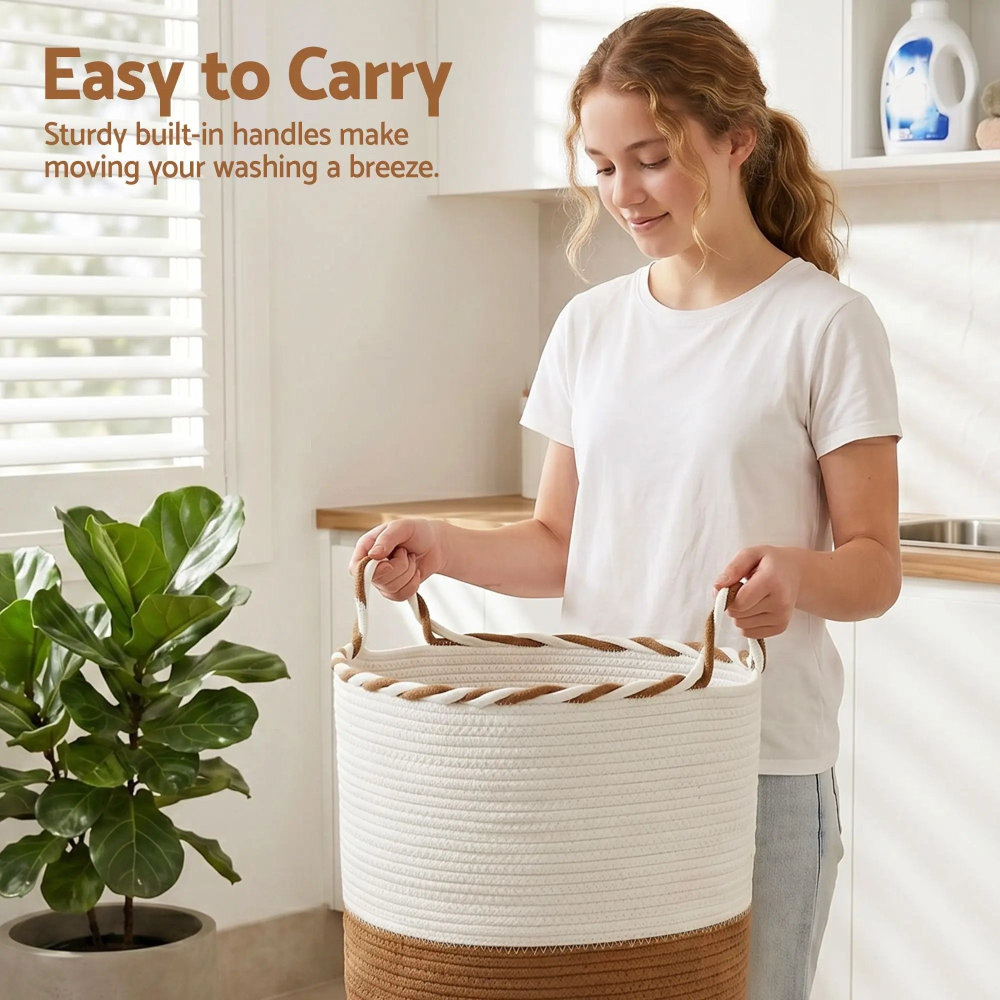 Artiss Woven Laundry Basket with handles Foldable White & Brown Wholesale Hub