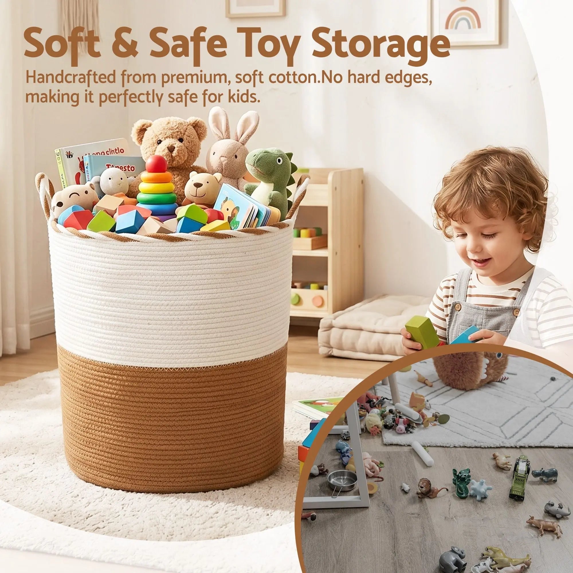 Artiss Woven Laundry Basket with handles Foldable White & Brown Wholesale Hub