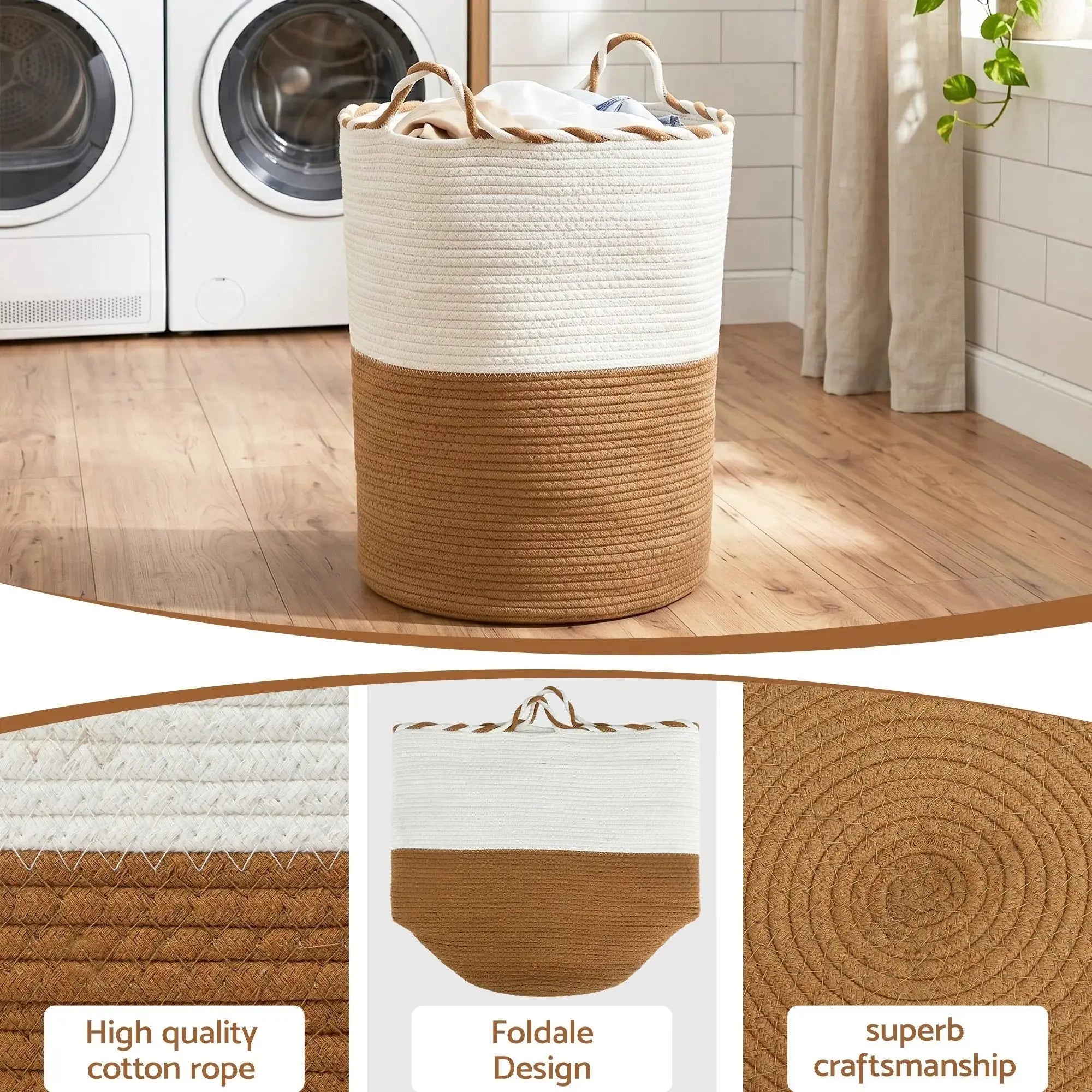 Artiss Woven Laundry Basket with handles Foldable White & Brown Wholesale Hub