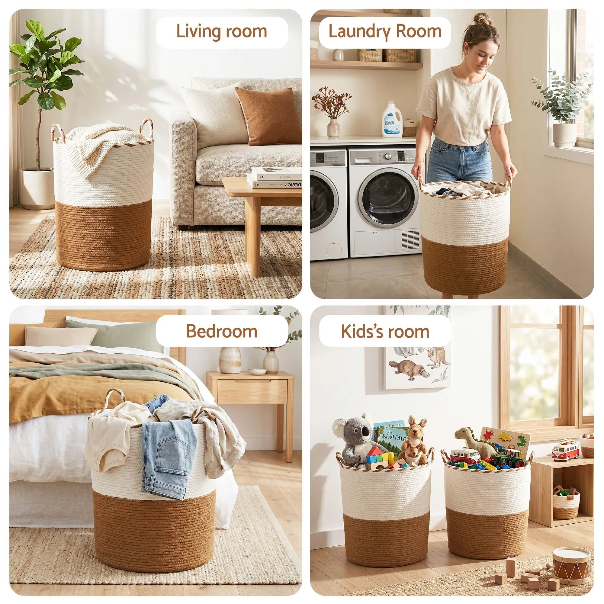 Artiss Woven Laundry Basket with handles Foldable White & Brown Wholesale Hub