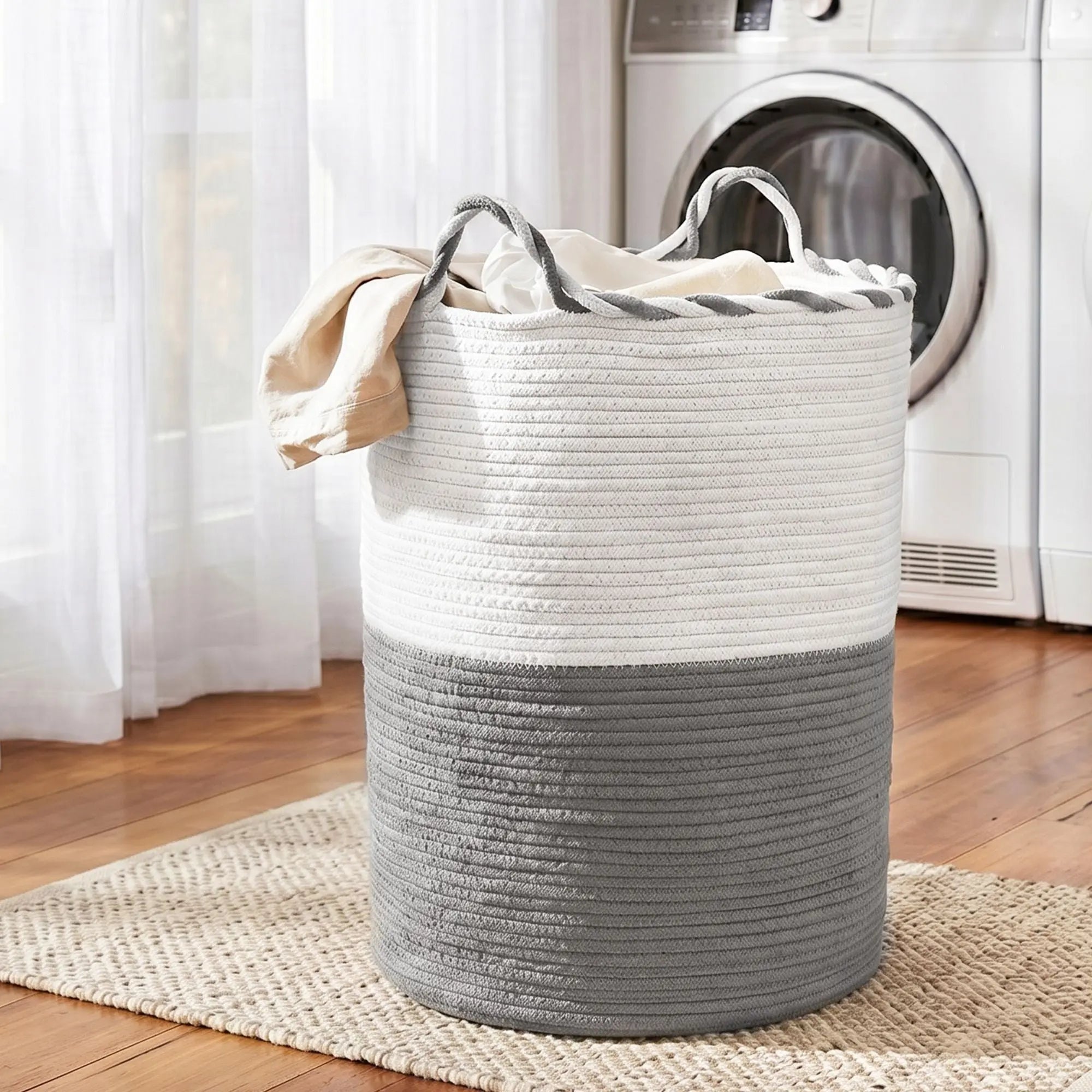 Artiss Woven Laundry Basket with handles Foldable White & Grey Wholesale Hub