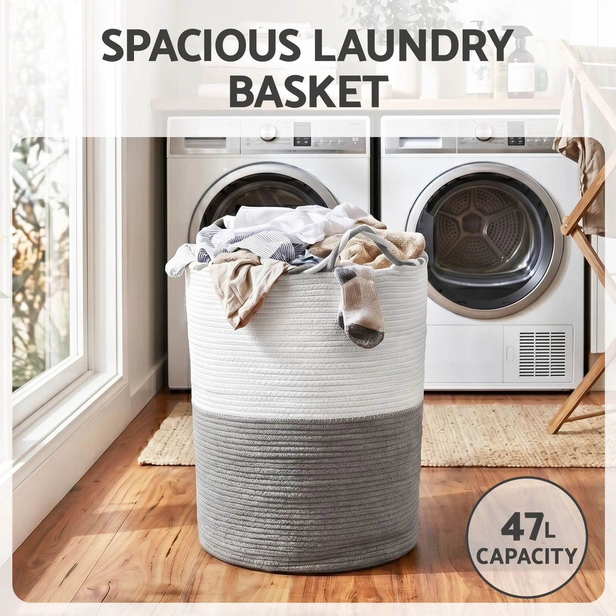 Artiss Woven Laundry Basket with handles Foldable White & Grey Wholesale Hub