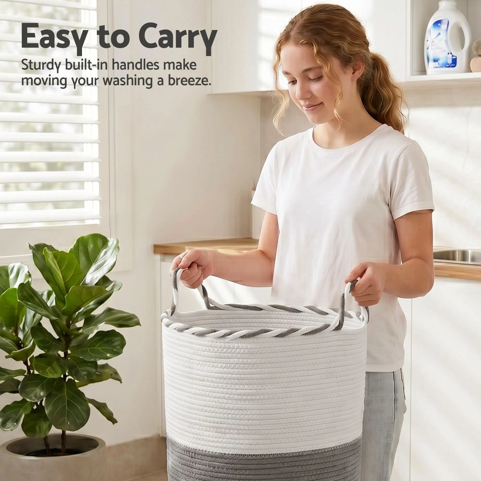 Artiss Woven Laundry Basket with handles Foldable White & Grey Wholesale Hub