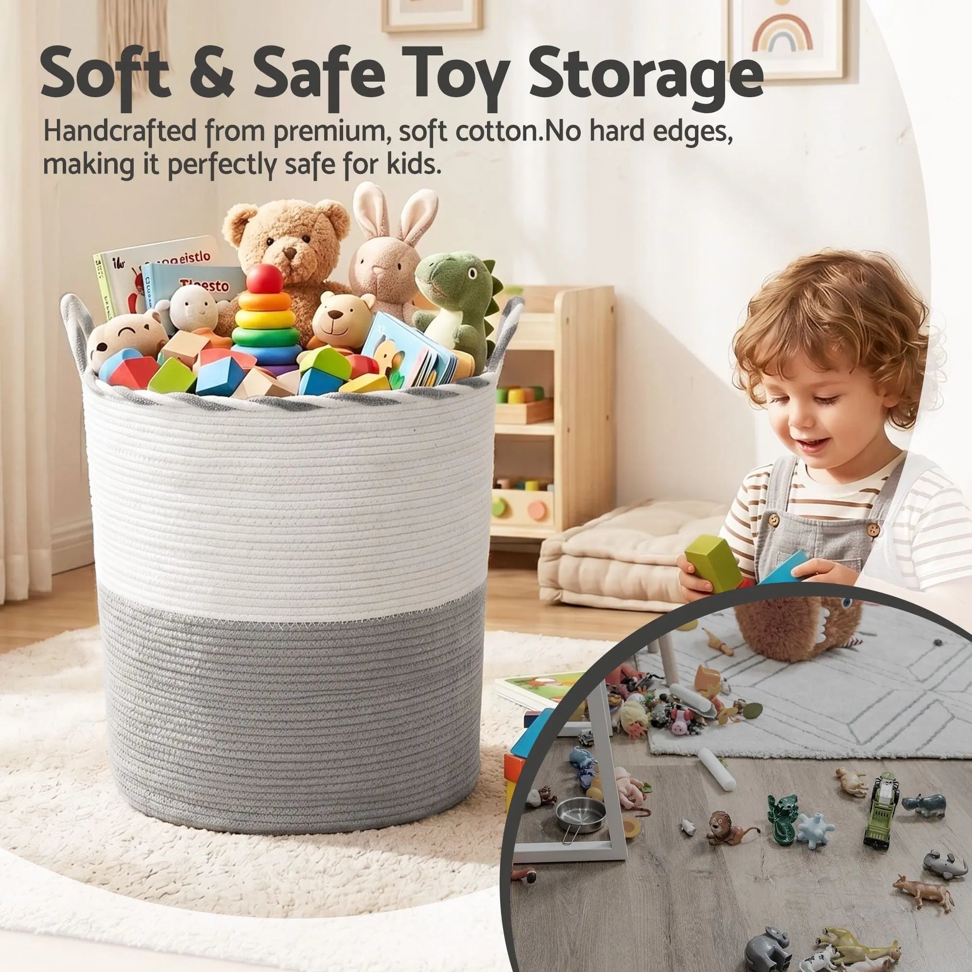 Artiss Woven Laundry Basket with handles Foldable White & Grey Wholesale Hub