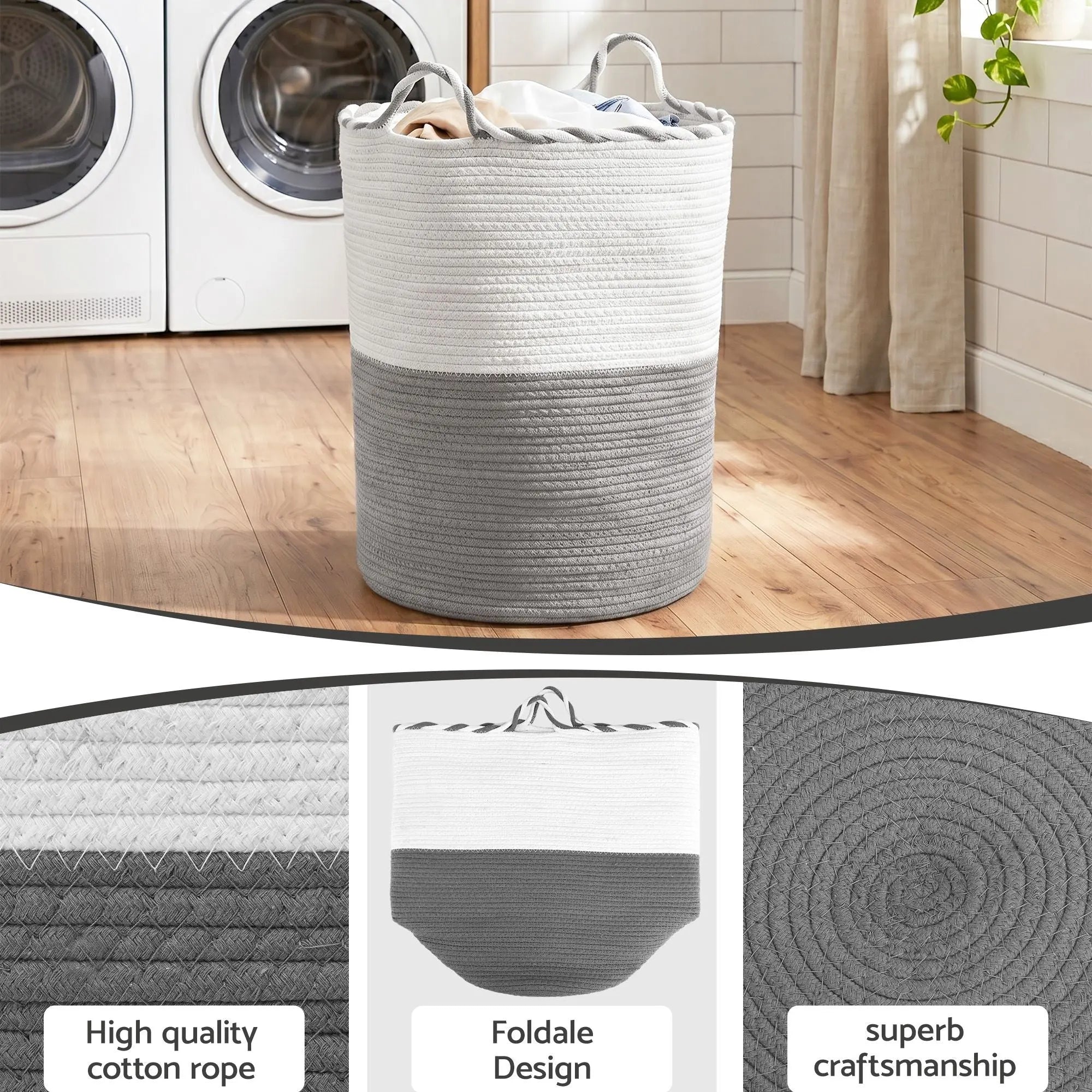 Artiss Woven Laundry Basket with handles Foldable White & Grey Wholesale Hub