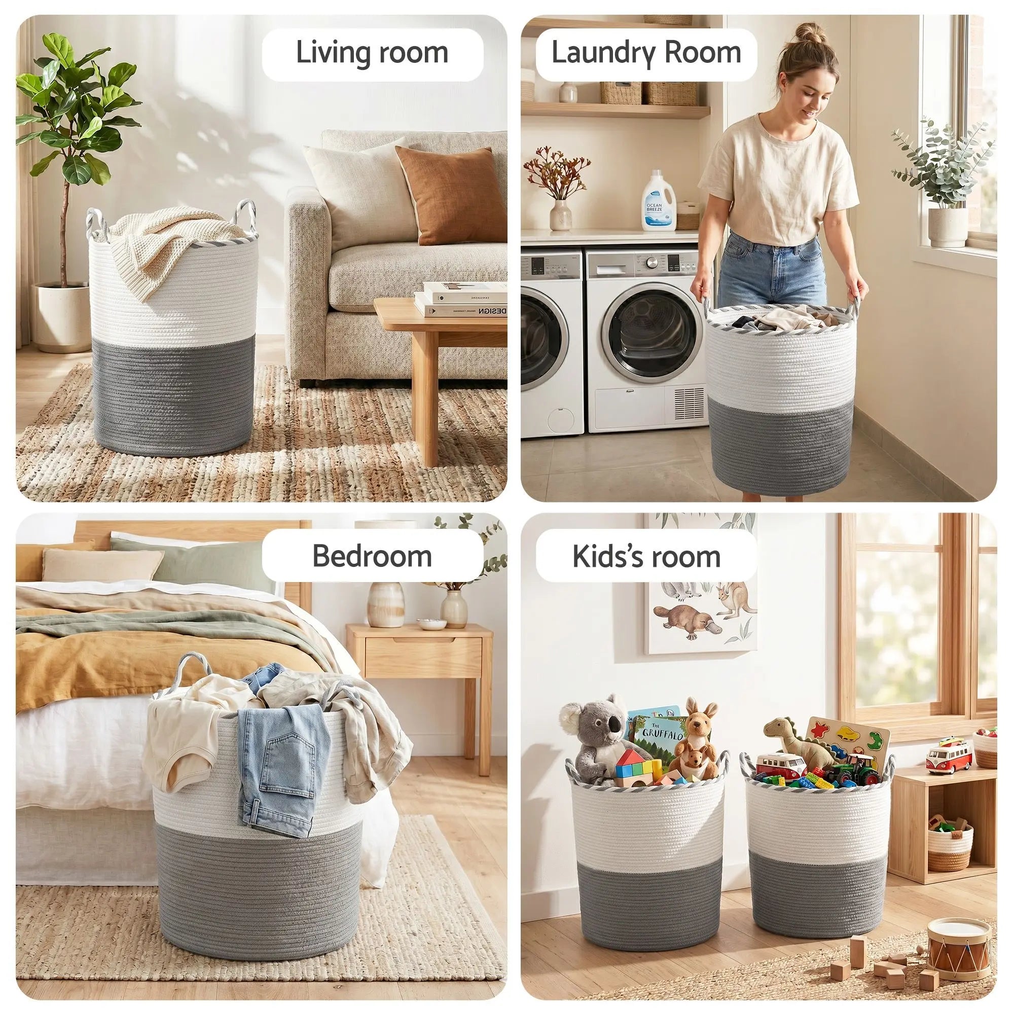 Artiss Woven Laundry Basket with handles Foldable White & Grey Wholesale Hub