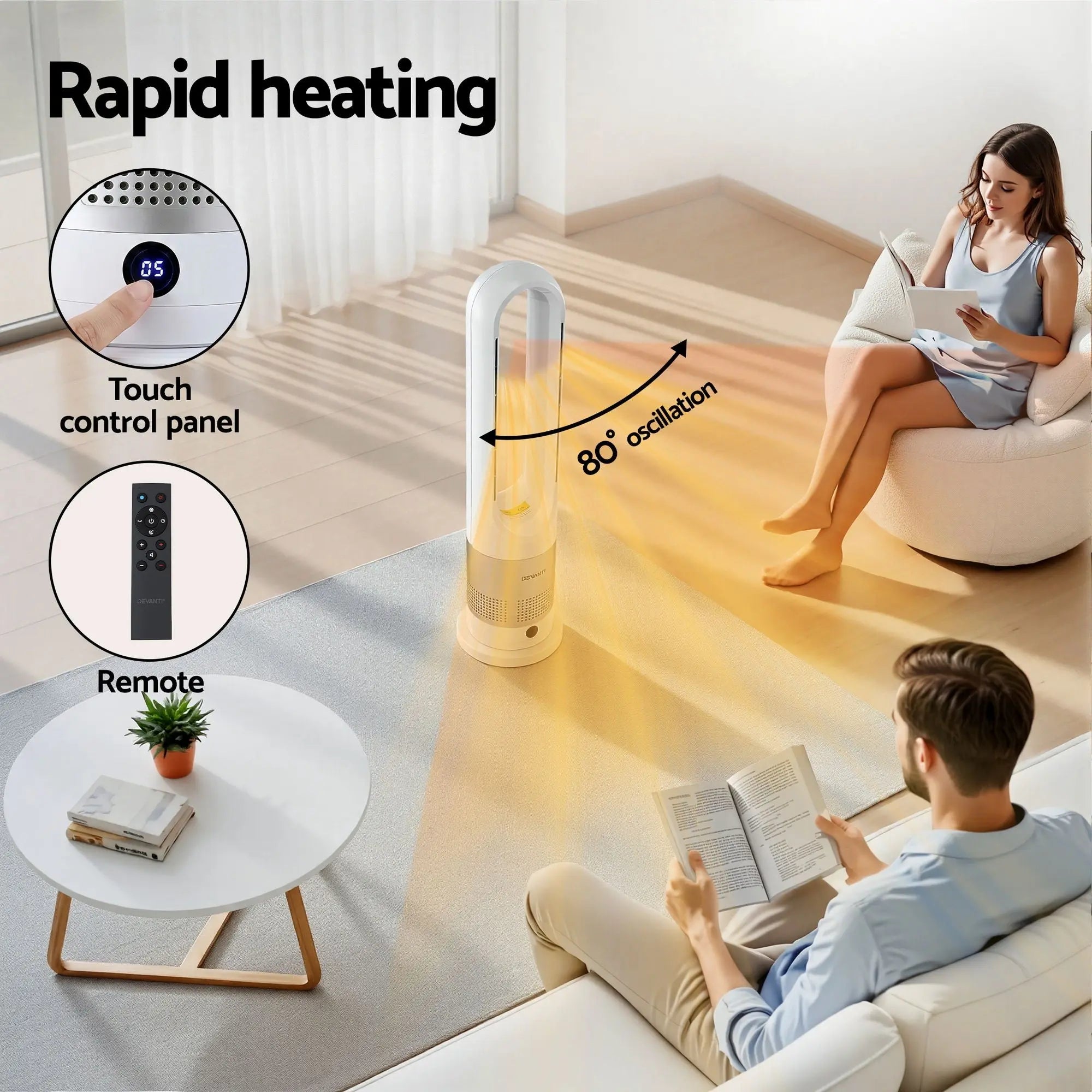 Devanti Bladeless Tower Fan Heater and Cooler 2in1 Portable Oscillation Fan for Bedroom Room Office Use White Wholesale Hub