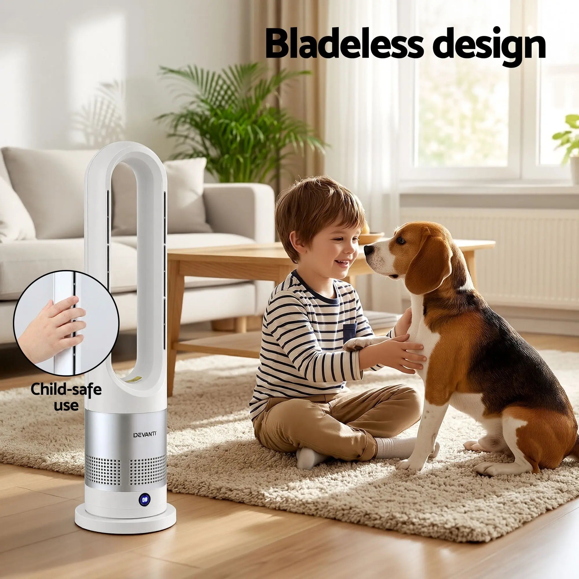 Devanti Bladeless Tower Fan Heater and Cooler 2in1 Portable Oscillation Fan for Bedroom Room Office Use White Wholesale Hub