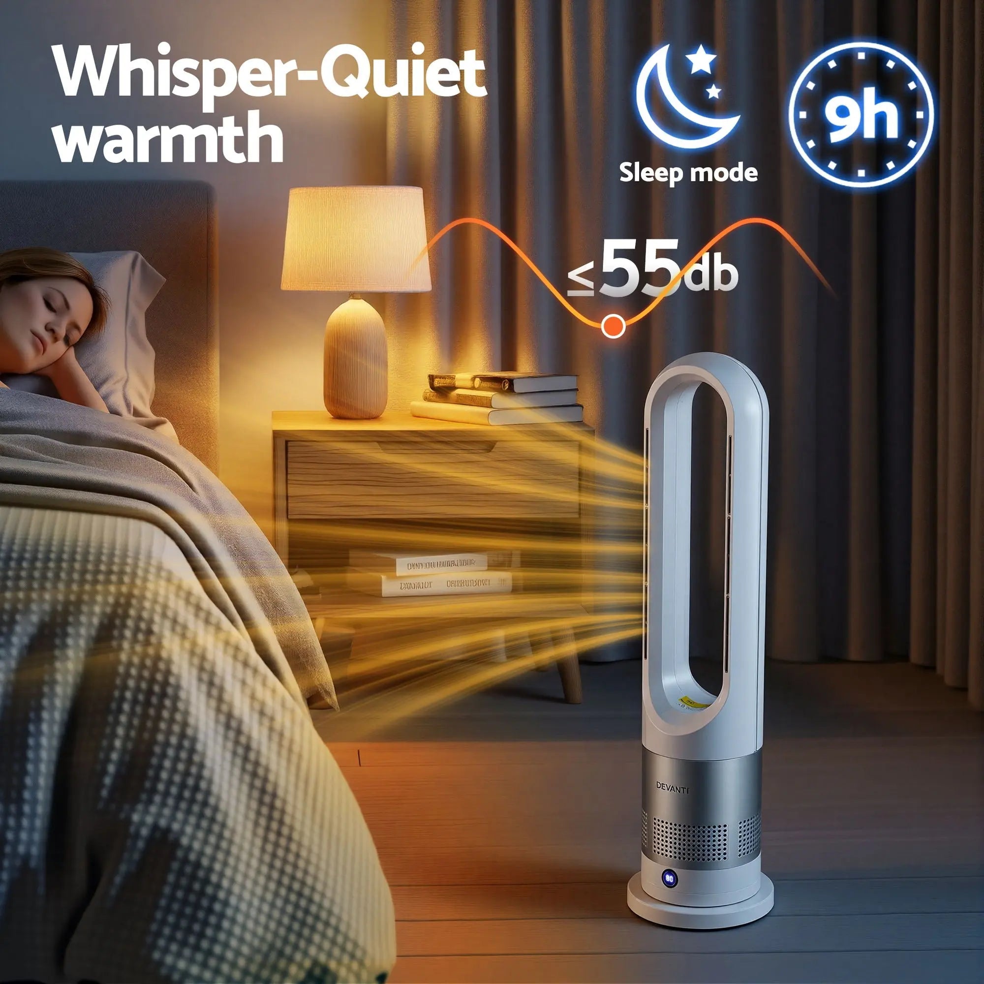 Devanti Bladeless Tower Fan Heater and Cooler 2in1 Portable Oscillation Fan for Bedroom Room Office Use White Wholesale Hub