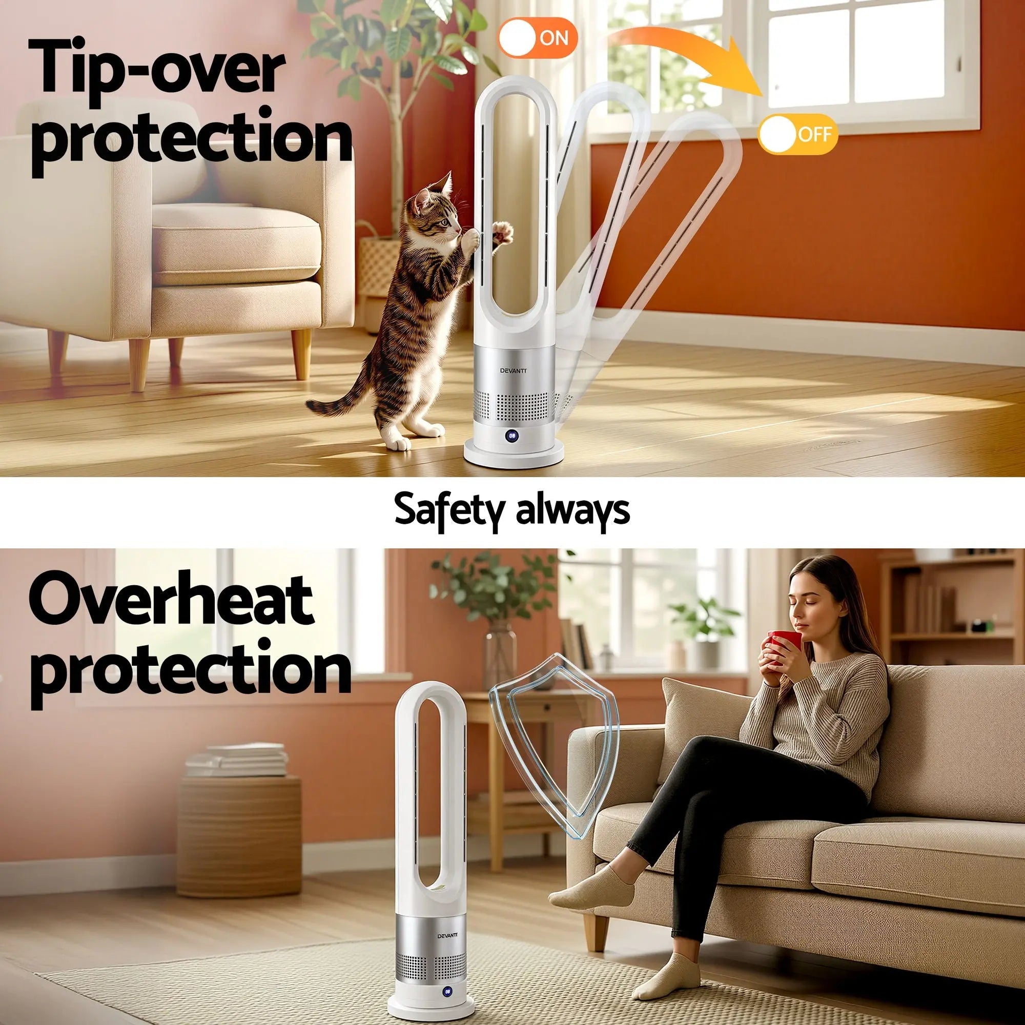 Devanti Bladeless Tower Fan Heater and Cooler 2in1 Portable Oscillation Fan for Bedroom Room Office Use White Wholesale Hub