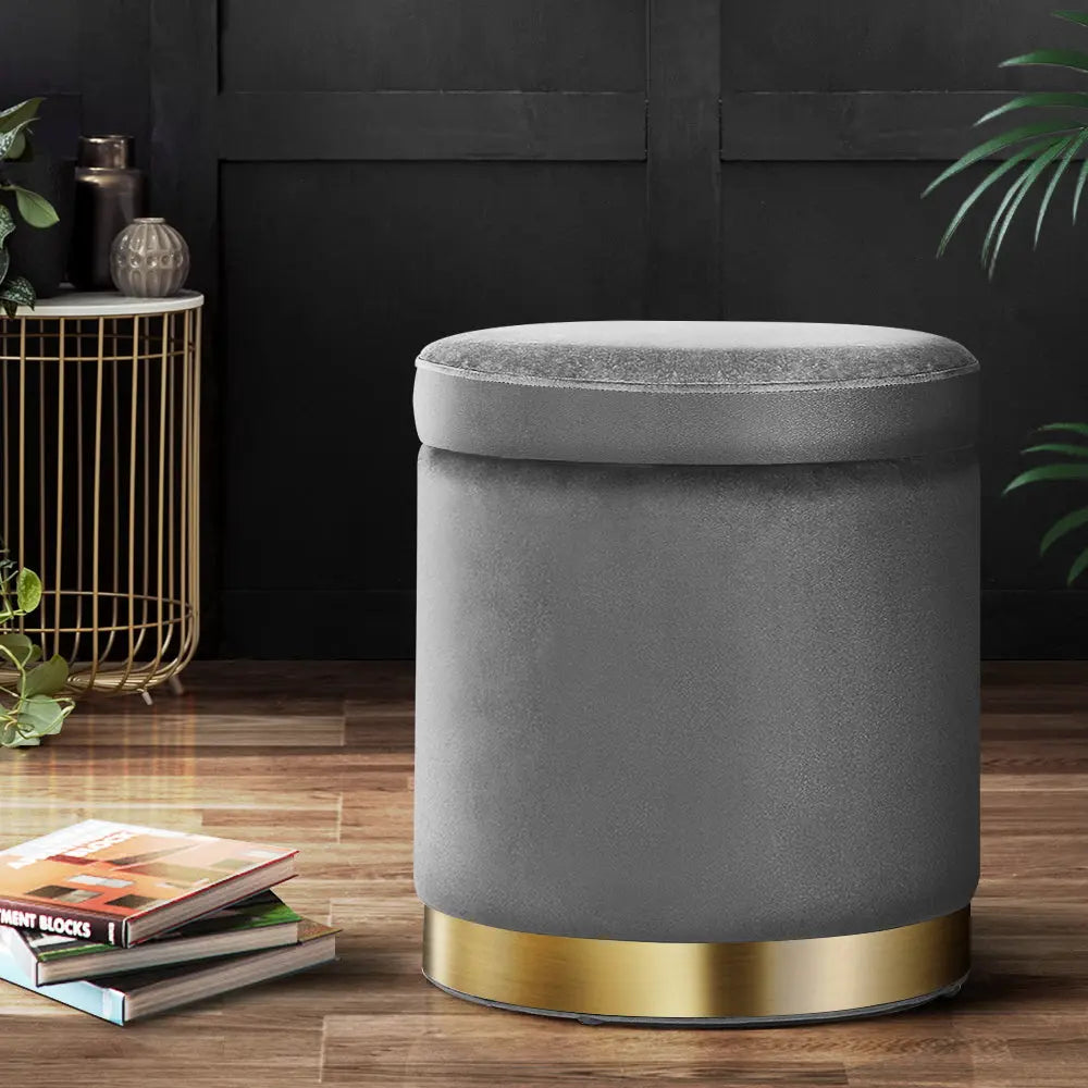 Artiss Ottoman Storage Foot Stool Round Velvet Charcoal Wholesale Hub