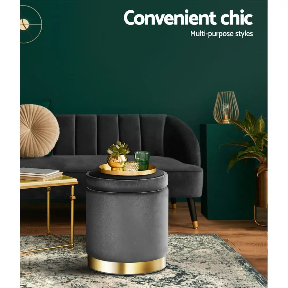 Artiss Ottoman Storage Foot Stool Round Velvet Charcoal Wholesale Hub