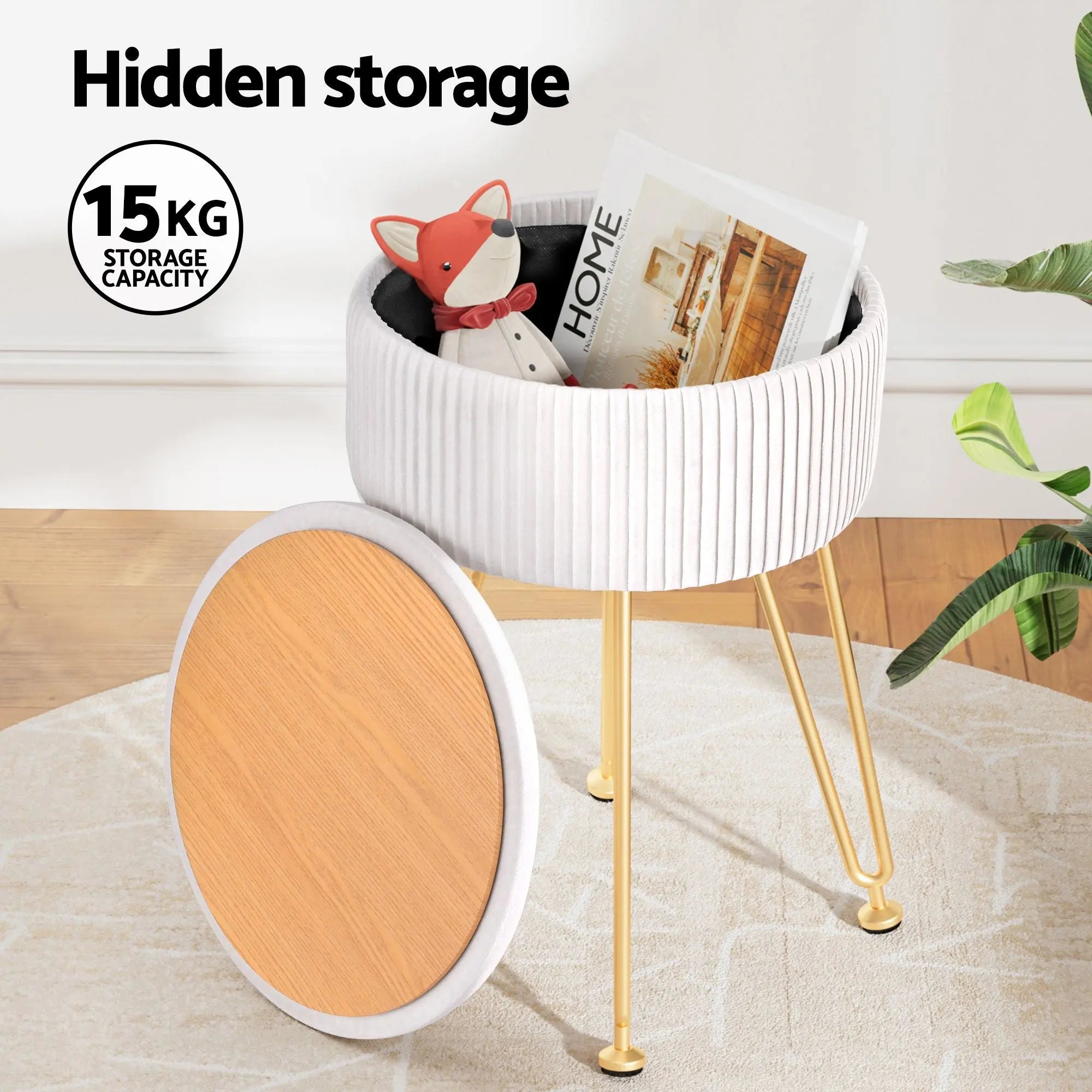 Artiss Ottoman Storage Foot Stool Vanity Velvet Round White Wholesale Hub