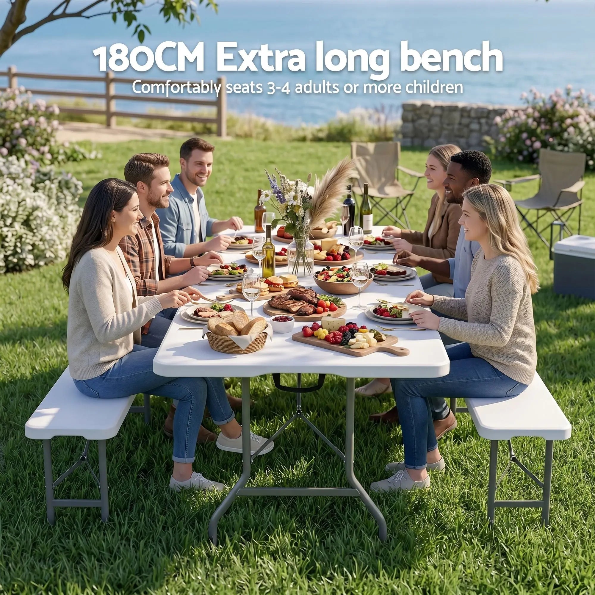 Gardeon 180cm Folding Garden Bench Portable Trestle Seat HDPE Fold In Half White Wholesale Hub