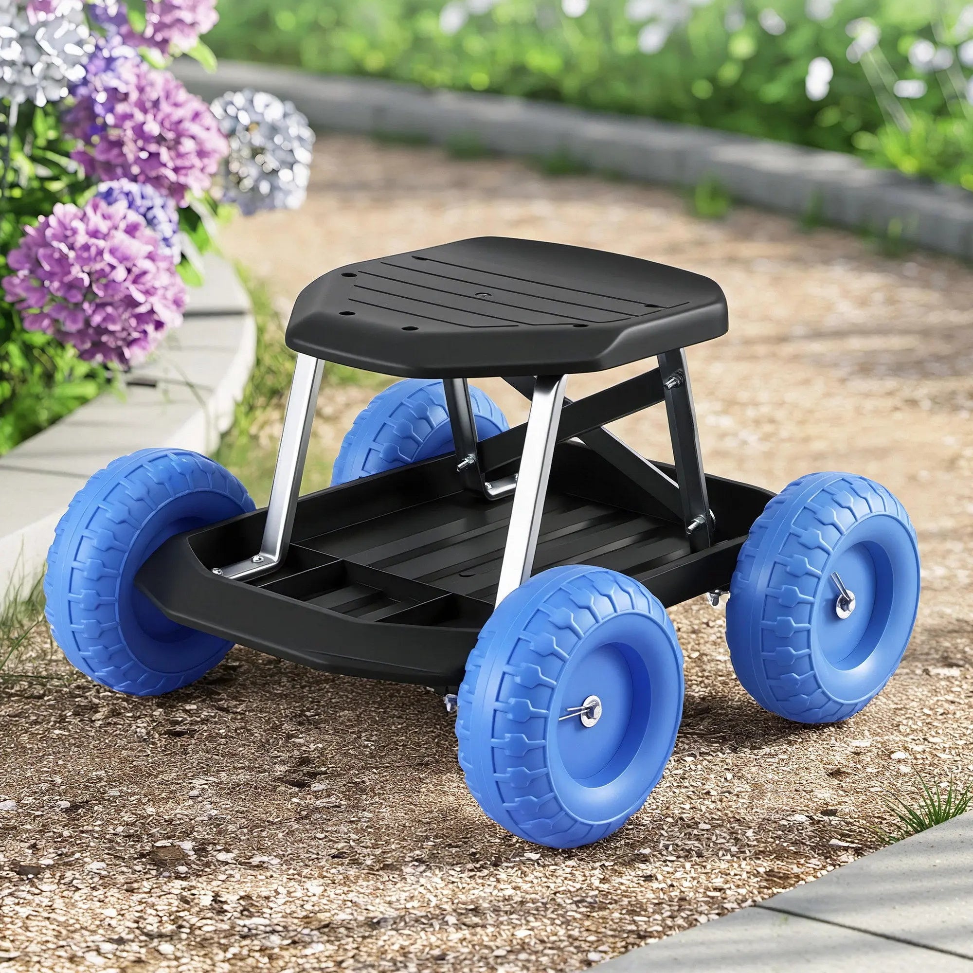 Gardeon Garden Cart Seat with Wheels, Rolling Work Stool with Tool Storage Tray, 440lbs (200kg) Heavy Duty Capacity Garden Stool for Outdoor Yard Work, Car Detailing, and Garage Maintenance, Blue/Black Wholesale Hub