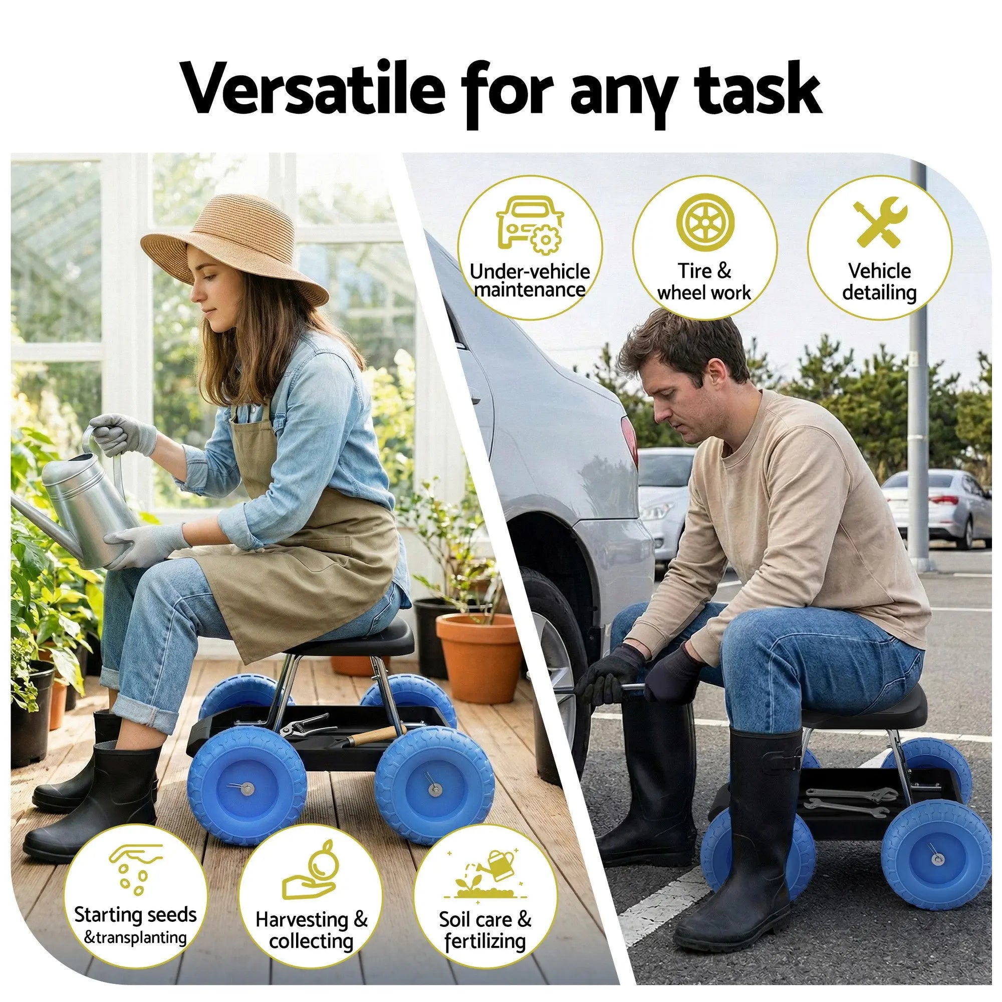 Gardeon Garden Cart Seat with Wheels, Rolling Work Stool with Tool Storage Tray, 440lbs (200kg) Heavy Duty Capacity Garden Stool for Outdoor Yard Work, Car Detailing, and Garage Maintenance, Blue/Black Wholesale Hub