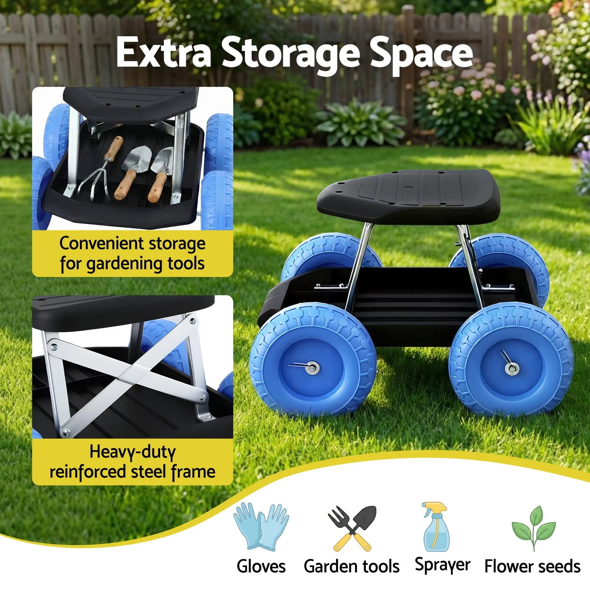 Gardeon Garden Cart Seat with Wheels, Rolling Work Stool with Tool Storage Tray, 440lbs (200kg) Heavy Duty Capacity Garden Stool for Outdoor Yard Work, Car Detailing, and Garage Maintenance, Blue/Black Wholesale Hub