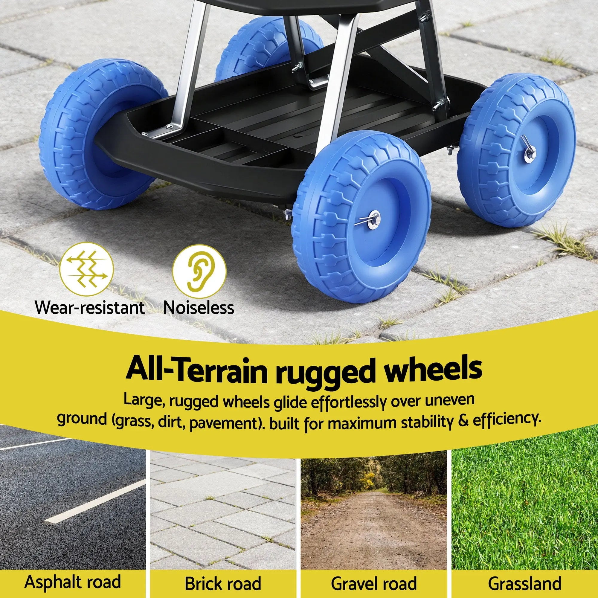 Gardeon Garden Cart Seat with Wheels, Rolling Work Stool with Tool Storage Tray, 440lbs (200kg) Heavy Duty Capacity Garden Stool for Outdoor Yard Work, Car Detailing, and Garage Maintenance, Blue/Black Wholesale Hub