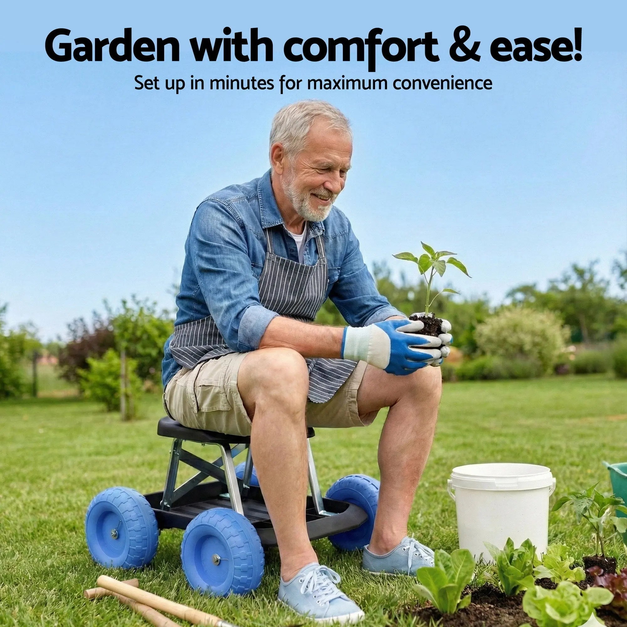 Gardeon Garden Cart Seat with Wheels, Rolling Work Stool with Tool Storage Tray, 440lbs (200kg) Heavy Duty Capacity Garden Stool for Outdoor Yard Work, Car Detailing, and Garage Maintenance, Blue/Black Wholesale Hub
