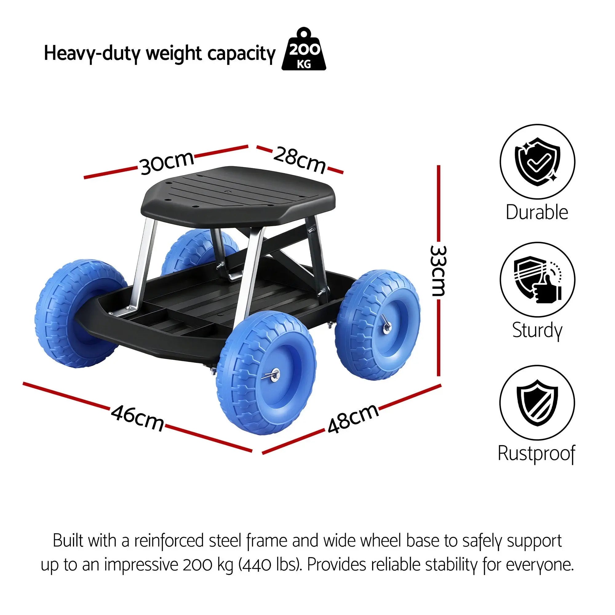 Gardeon Garden Cart Seat with Wheels, Rolling Work Stool with Tool Storage Tray, 440lbs (200kg) Heavy Duty Capacity Garden Stool for Outdoor Yard Work, Car Detailing, and Garage Maintenance, Blue/Black Wholesale Hub