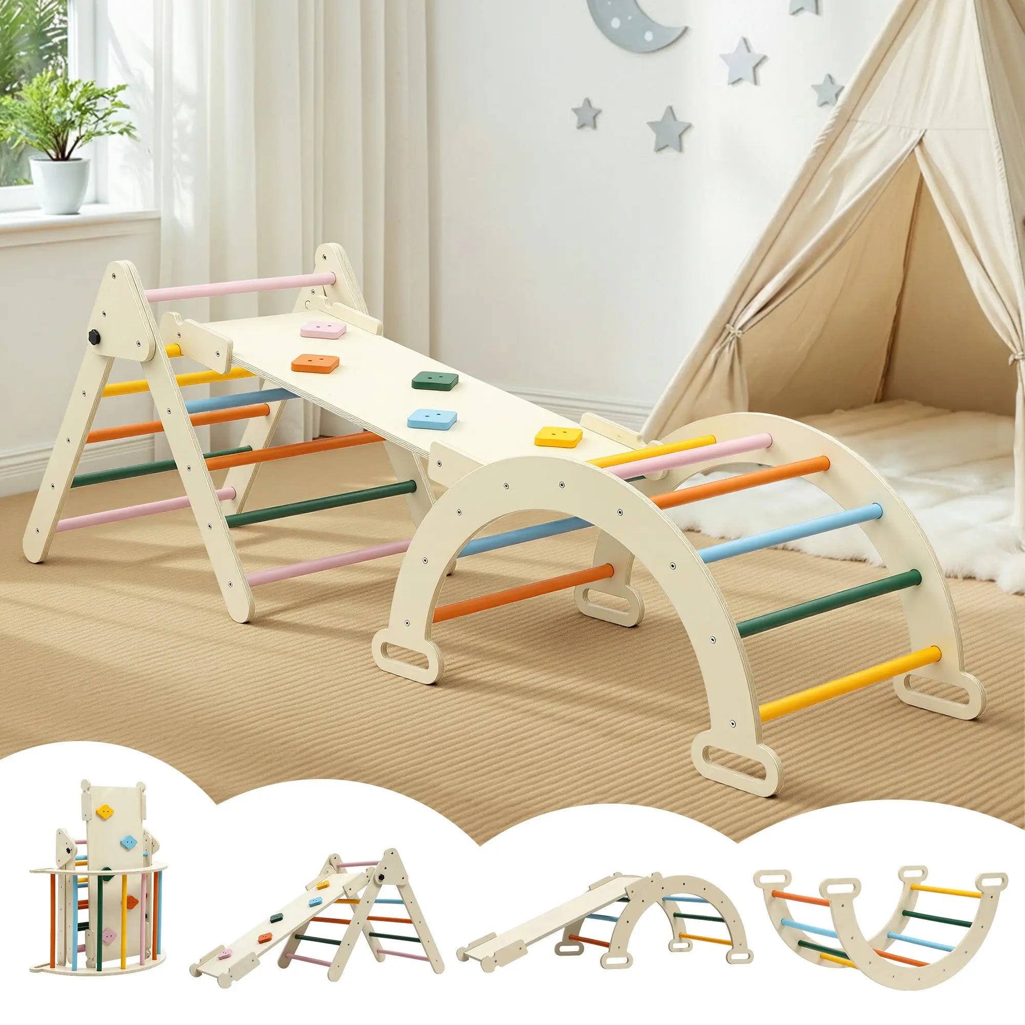 Keezi Kids Triangle Climbing Toys Set With Slide Indoor Outdoor Toddler Toys Pikler Climber With Arch Wholesale Hub