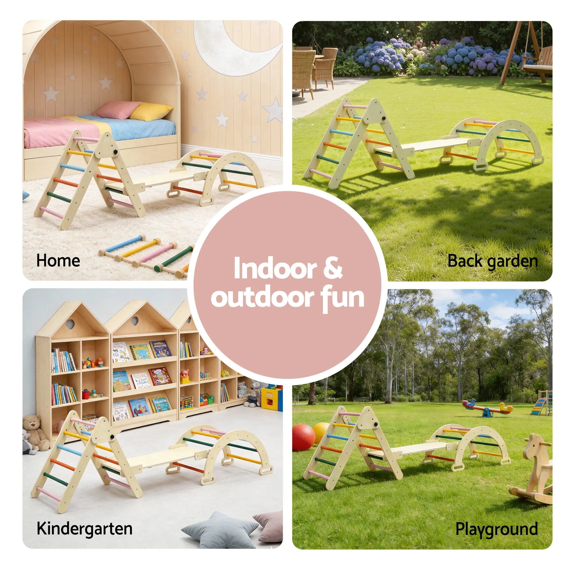 Keezi Kids Triangle Climbing Toys Set With Slide Indoor Outdoor Toddler Toys Pikler Climber With Arch Wholesale Hub