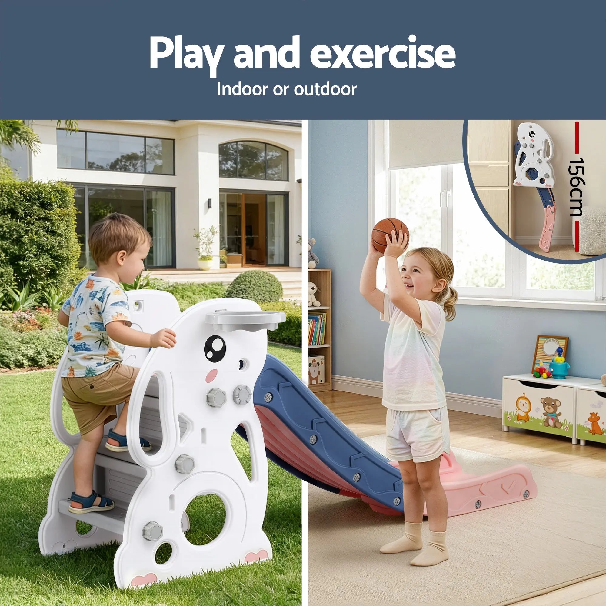 Keezi Kids Slide Set Basketball Hoop Ring Outdoor Playground Toy Rabbit 147cm Wholesale Hub