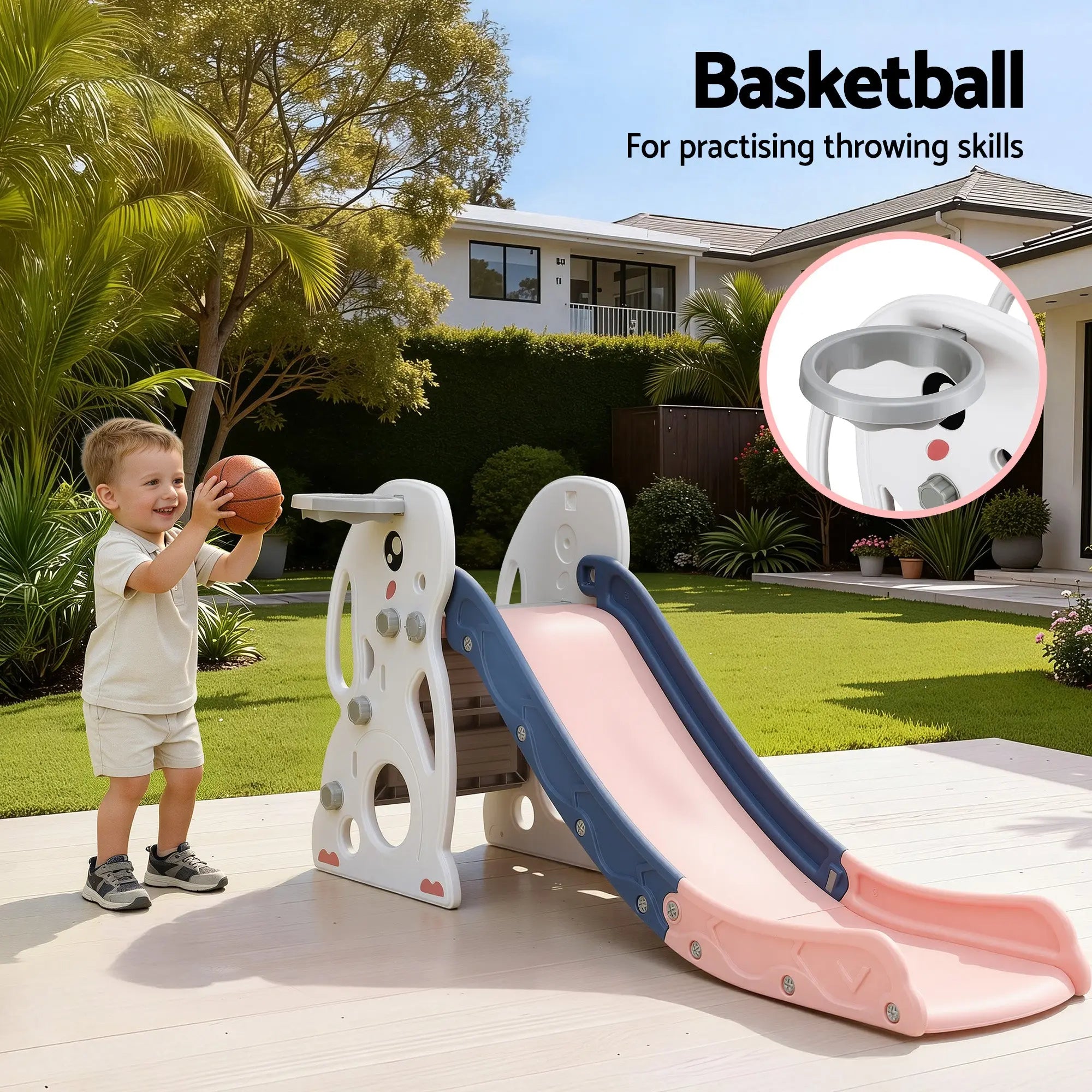 Keezi Kids Slide Set Basketball Hoop Ring Outdoor Playground Toy Rabbit 147cm Wholesale Hub