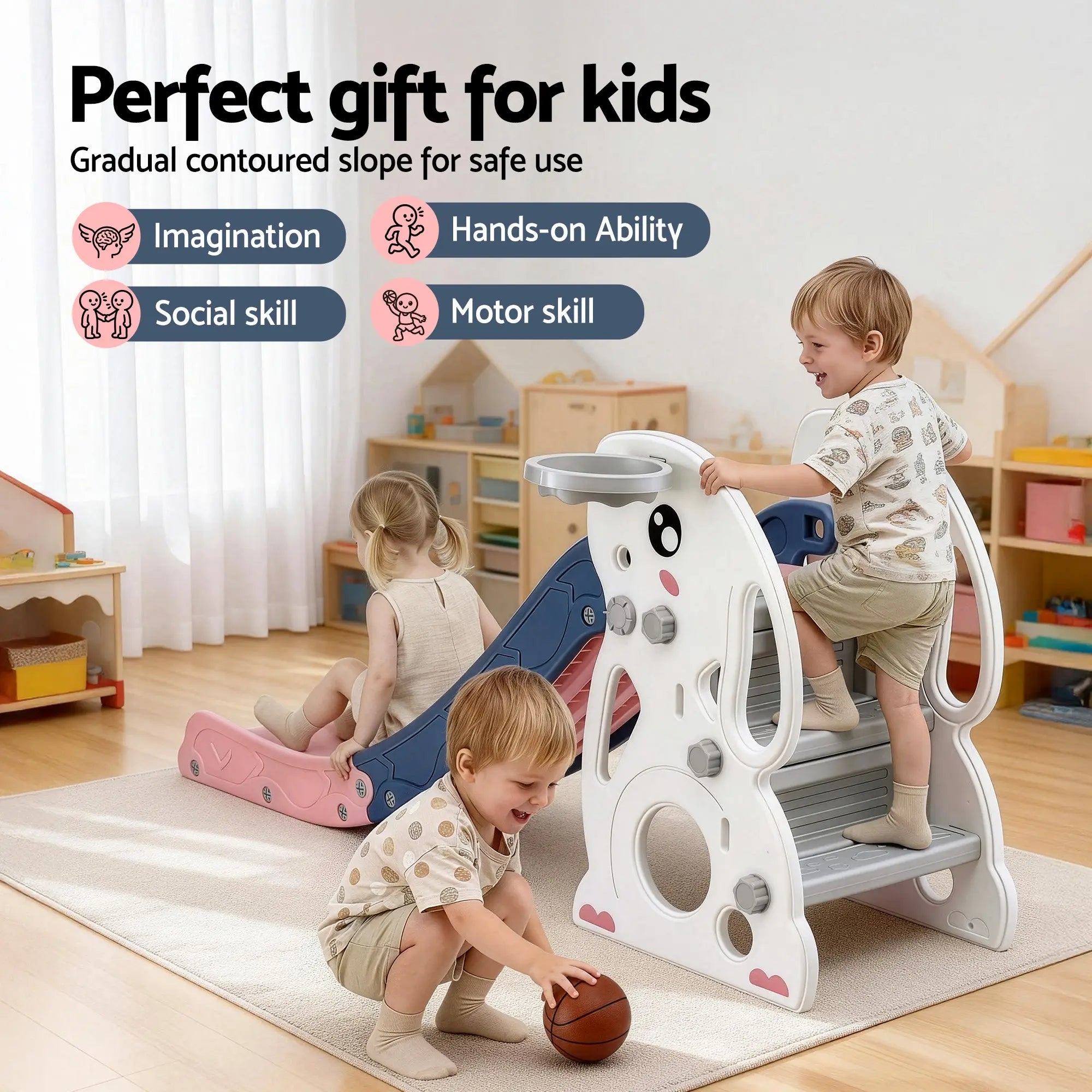 Keezi Kids Slide Set Basketball Hoop Ring Outdoor Playground Toy Rabbit 147cm Wholesale Hub