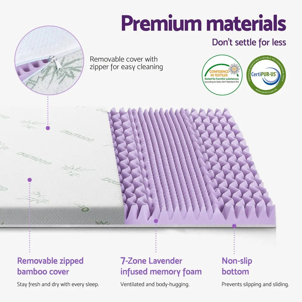 Giselle 8cm Memory Foam Mattress Topper Lavender Infused Bamboo Cover 7-Zone King Single Wholesale Hub