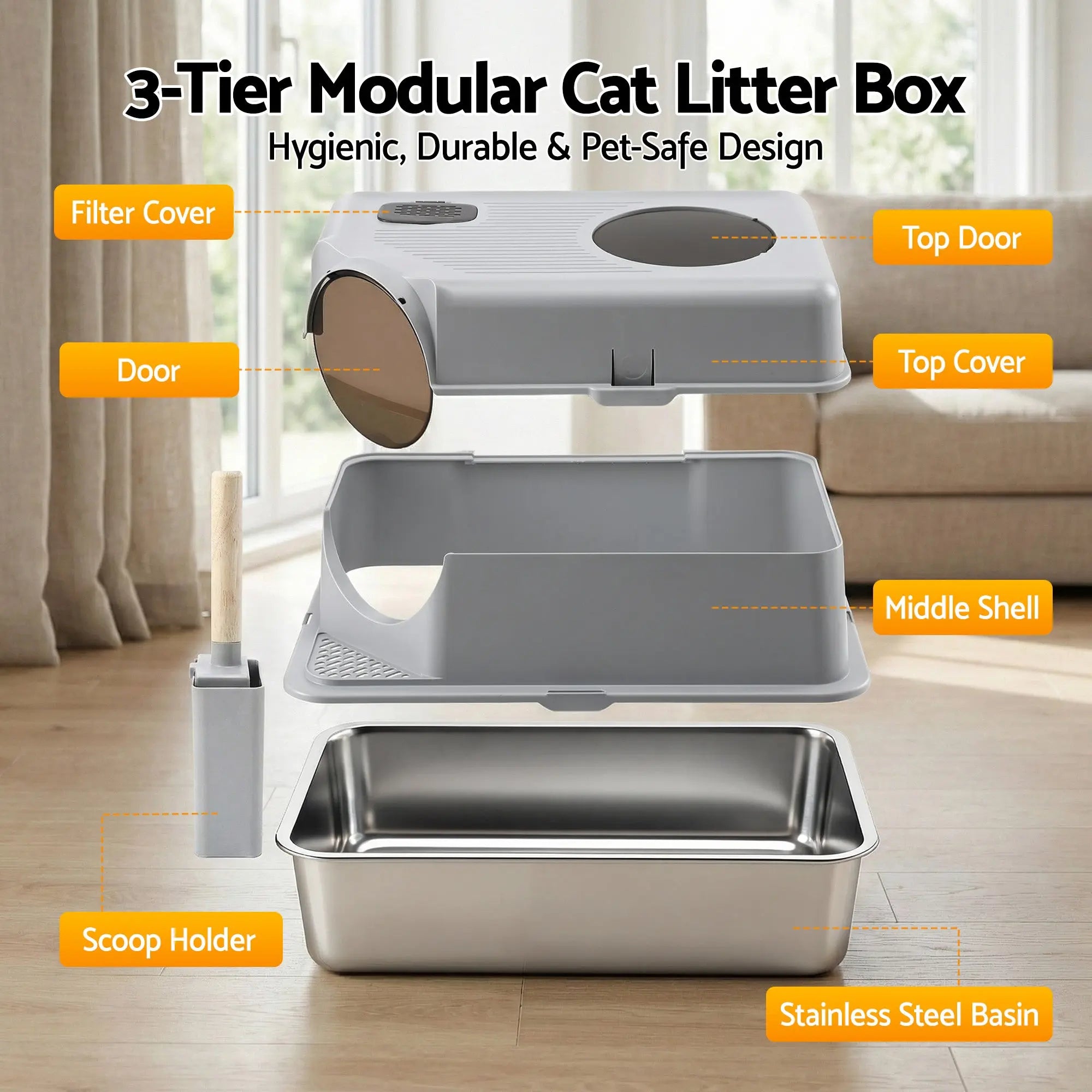 i.Pet Cat Litter Box Large Stainless Steel High Sided Pet Toilet Odour Control Wholesale Hub