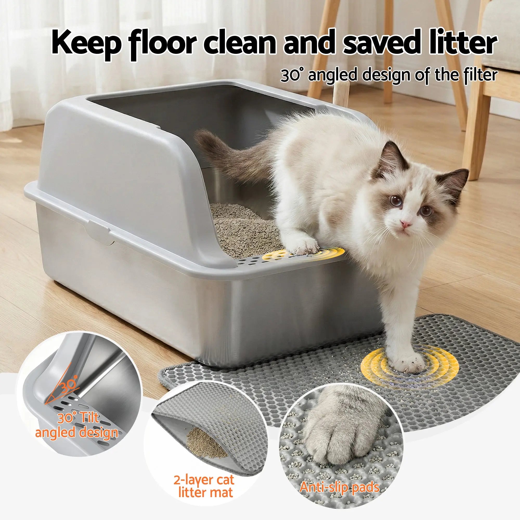i.Pet Cat Litter Box Stainless Steel Large Semi-Enclosed Pet Kitty Toilet Grey Wholesale Hub