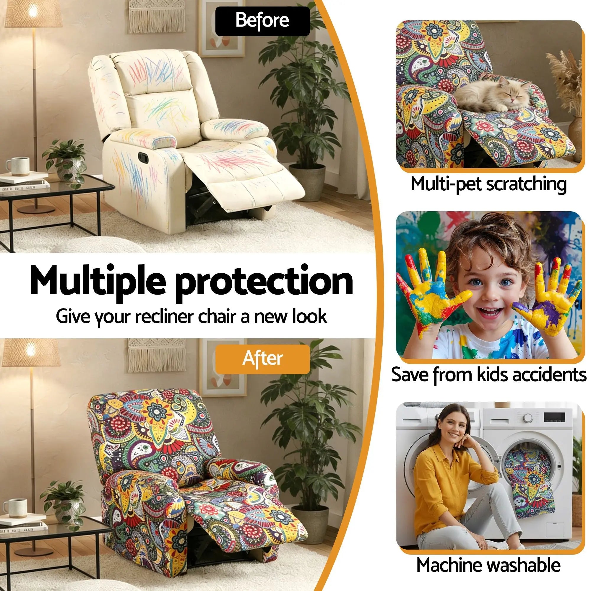 Artiss Stretch Kids Recliner Cover 4-Pieces Recliner Chair Slipcovers Printed Polyester Wholesale Hub