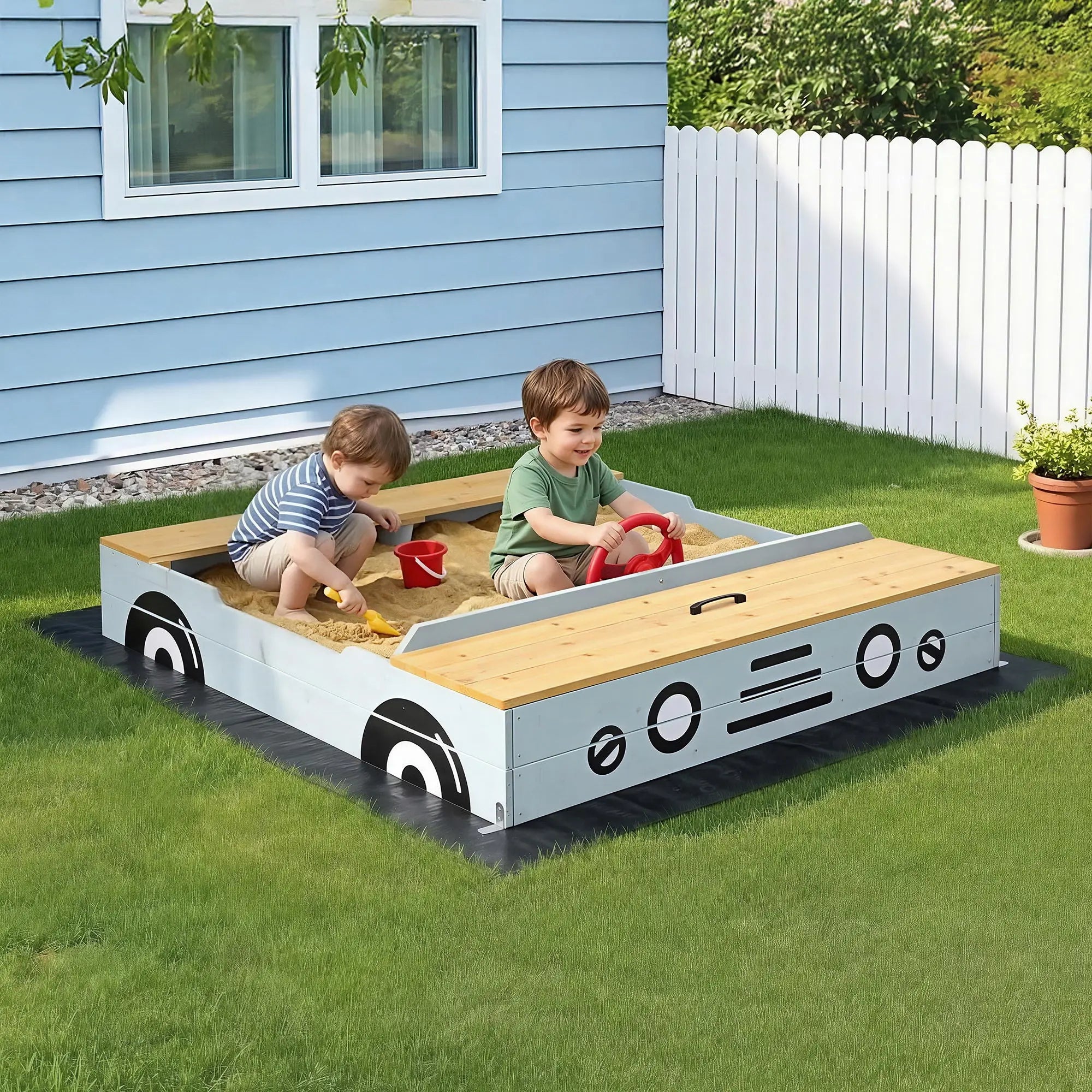 Keezi Wooden Car Sandpit Kids Sandbox Outdoor Play Toy w/ Storage Ground Sheet 120cm Wholesale Hub