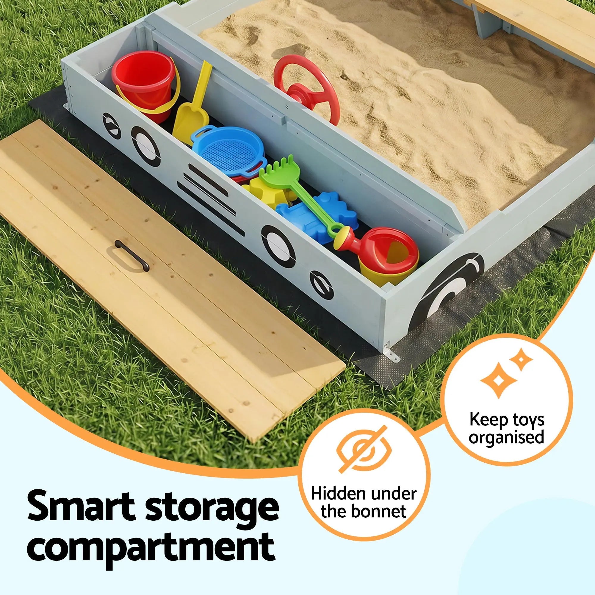 Keezi Wooden Car Sandpit Kids Sandbox Outdoor Play Toy w/ Storage Ground Sheet 120cm Wholesale Hub