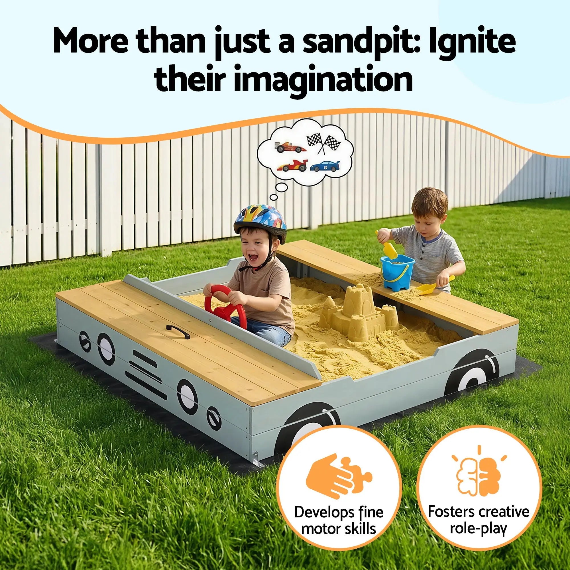 Keezi Wooden Car Sandpit Kids Sandbox Outdoor Play Toy w/ Storage Ground Sheet 120cm Wholesale Hub