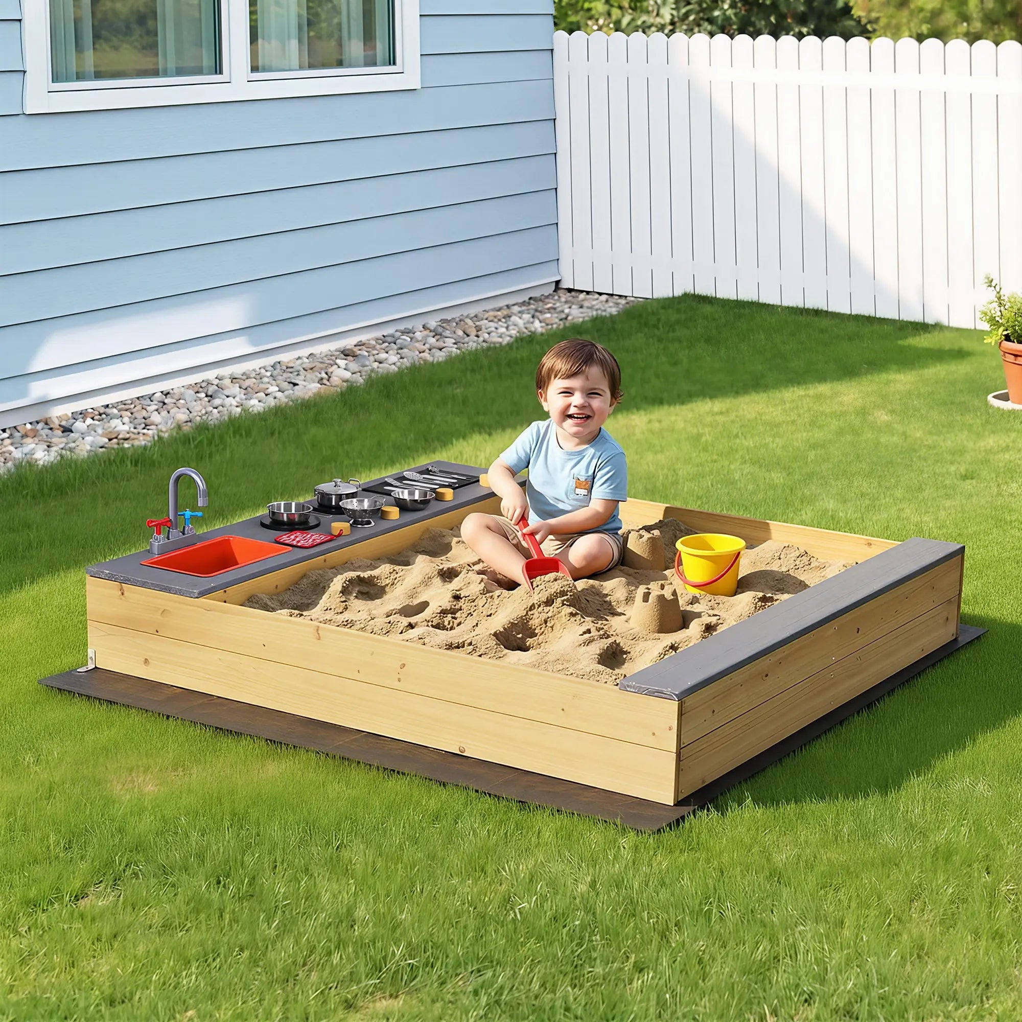 Keezi Wooden Sandpit Sand Pit Outdoor Kids Toy Box Mud Kitchen Sink Storage Bench Wholesale Hub