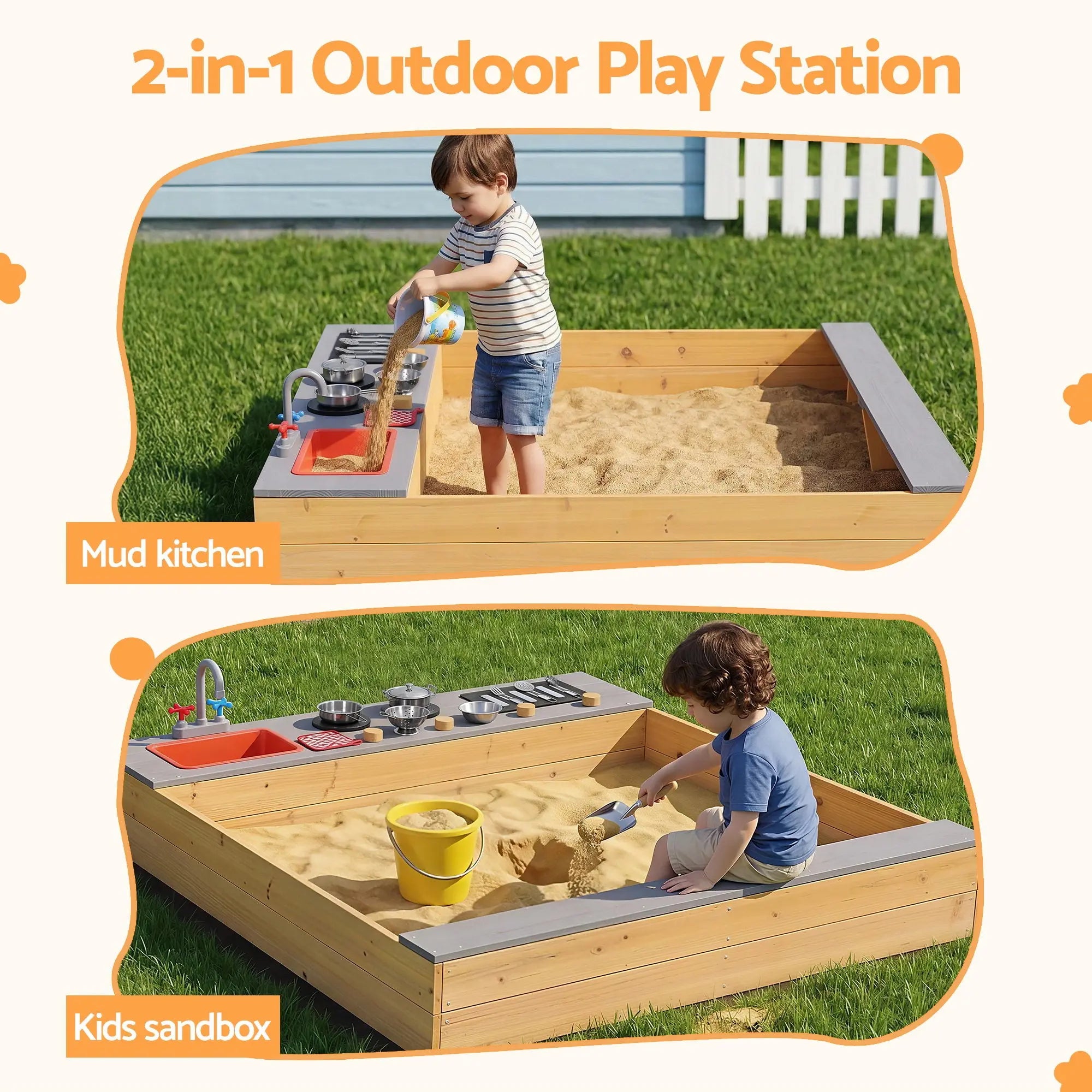 Keezi Wooden Sandpit Sand Pit Outdoor Kids Toy Box Mud Kitchen Sink Storage Bench Wholesale Hub