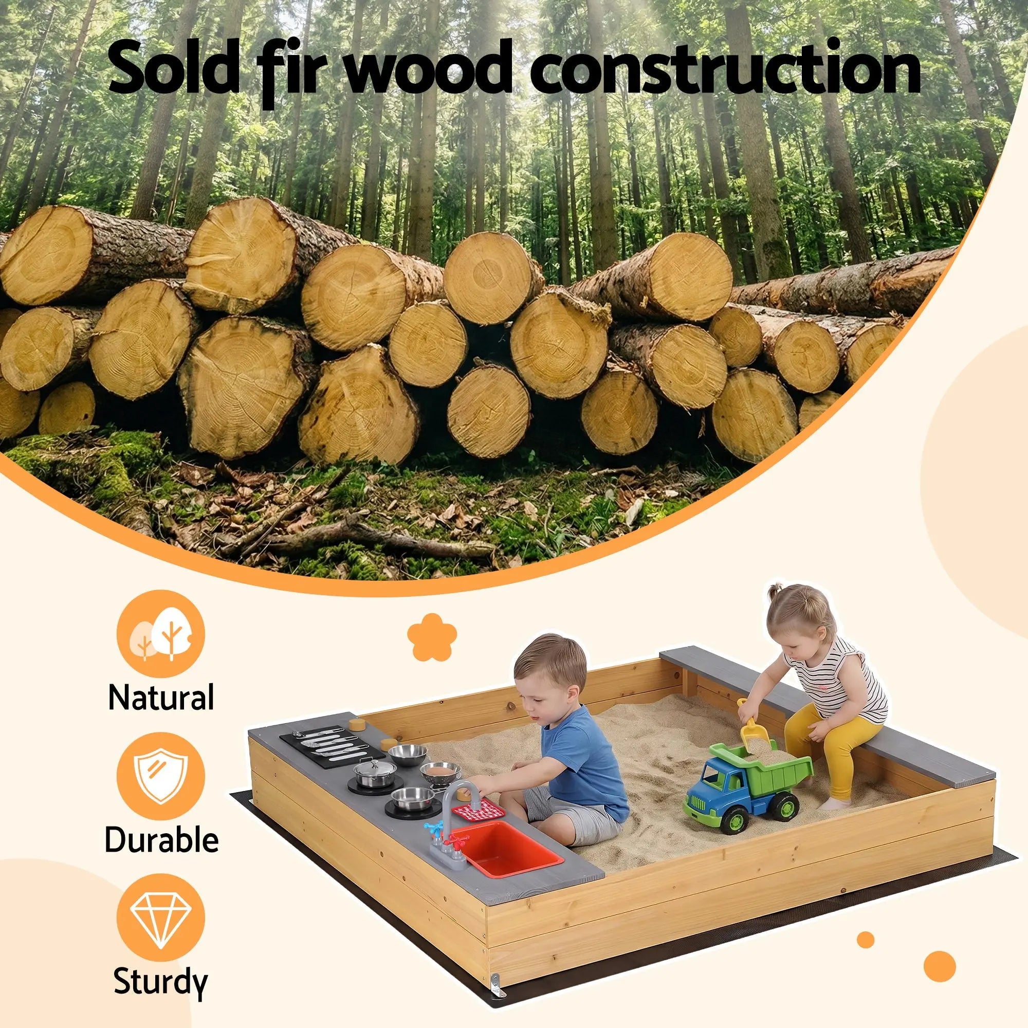 Keezi Wooden Sandpit Sand Pit Outdoor Kids Toy Box Mud Kitchen Sink Storage Bench Wholesale Hub