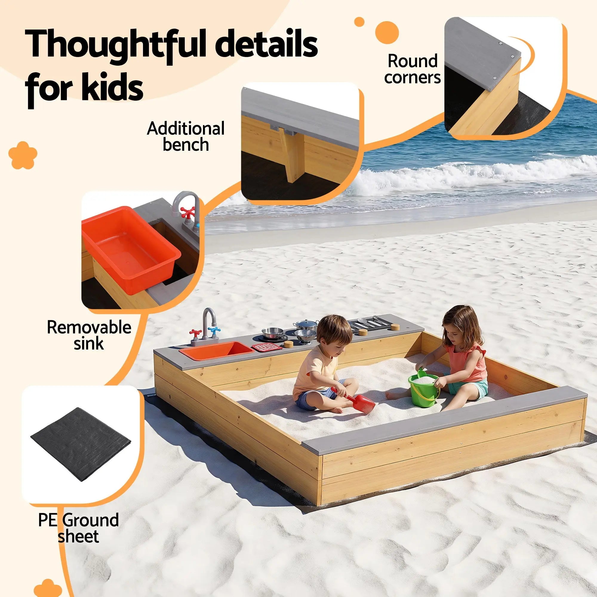 Keezi Wooden Sandpit Sand Pit Outdoor Kids Toy Box Mud Kitchen Sink Storage Bench Wholesale Hub
