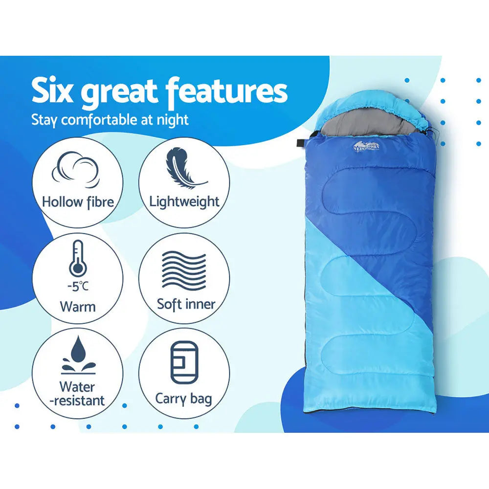 Weisshorn Sleeping Bag Kids Single 172cm Thermal Camping Hiking Blue Wholesale Hub