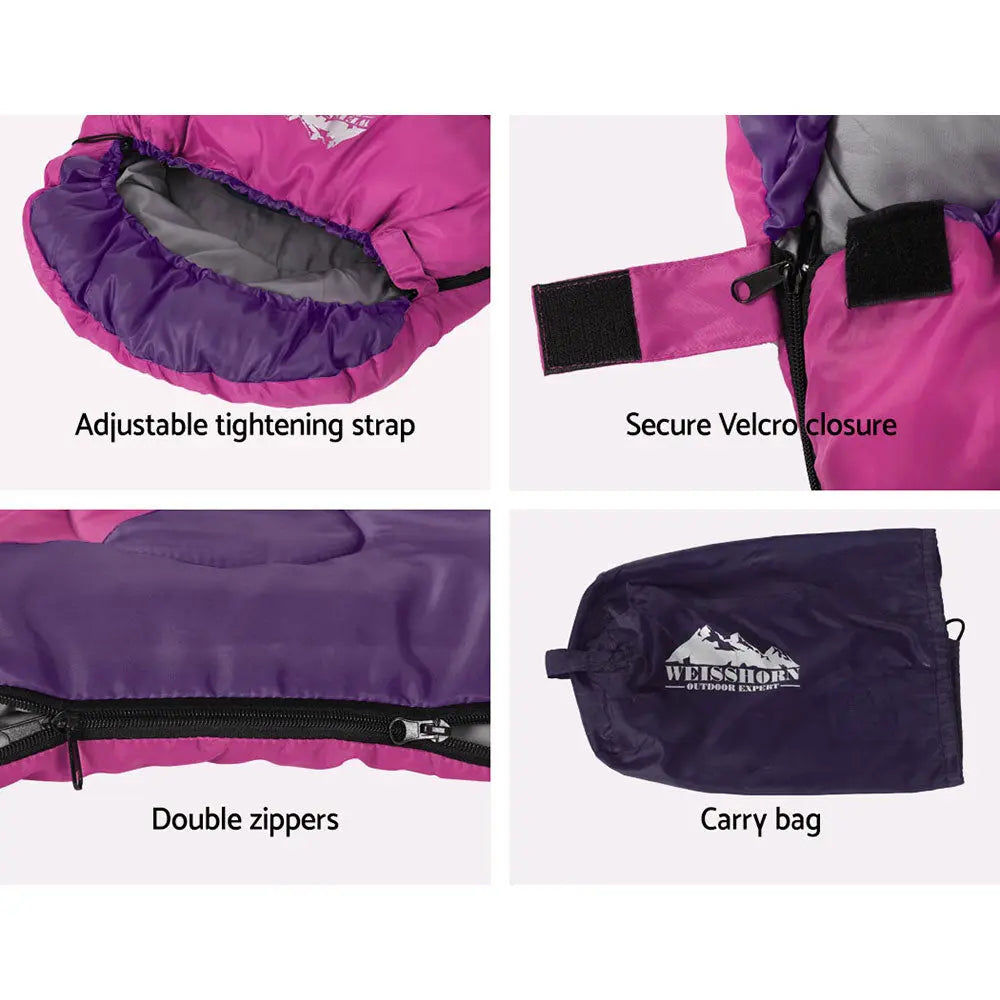 Weisshorn Sleeping Bag Kids Single 172cm Thermal Camping Hiking Pink Wholesale Hub