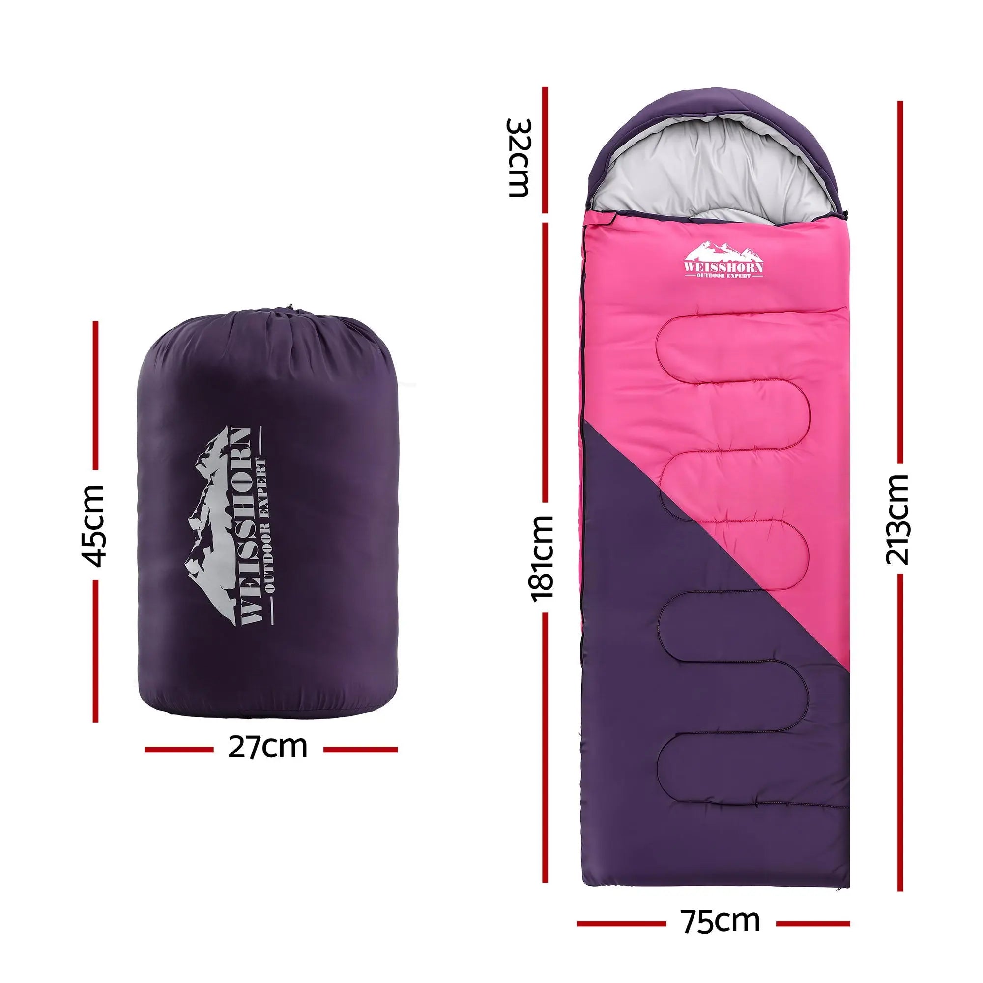 Weisshorn Sleeping Bag Single 213cm Thermal Camping Hiking Pink Wholesale Hub
